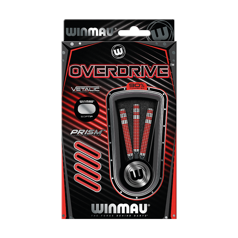 2429_Winmau_Overdrive_Softdarts_3TE2RVvS6TKyDy Das Bild zeigt die Verpackung der "Winmau Overdrive Softdarts - 20g". In der Verpackung sind drei hochwertige Softdarts mit roten und silbernen Details zu sehen.