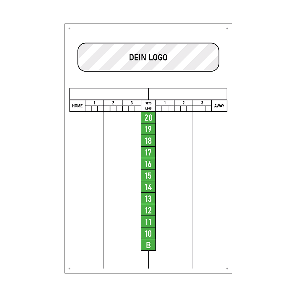 INSCORE4_Scoreboard_mit_Wunschdruck_40x60cm_Gr-n_2 Ein Scoreboard für Darts in rechteckiger Form ist abgebildet.