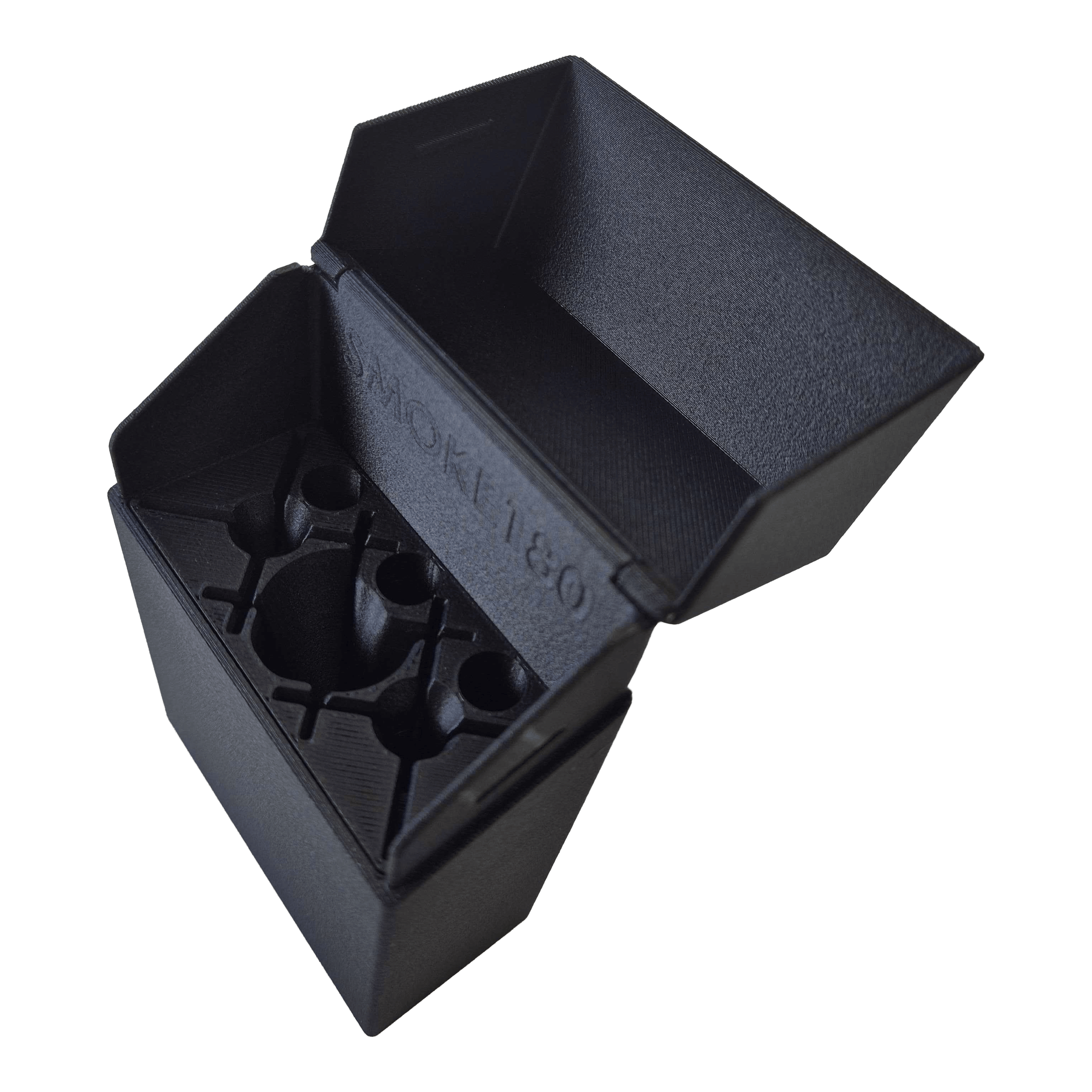 Smoke 180 Dartcase mit eigenem Design - Schwarz Vorderansicht des Smoke 180 Dartcase mit eigenem Design. Die schwarze Oberfläche und die kompakte Form sind deutlich.