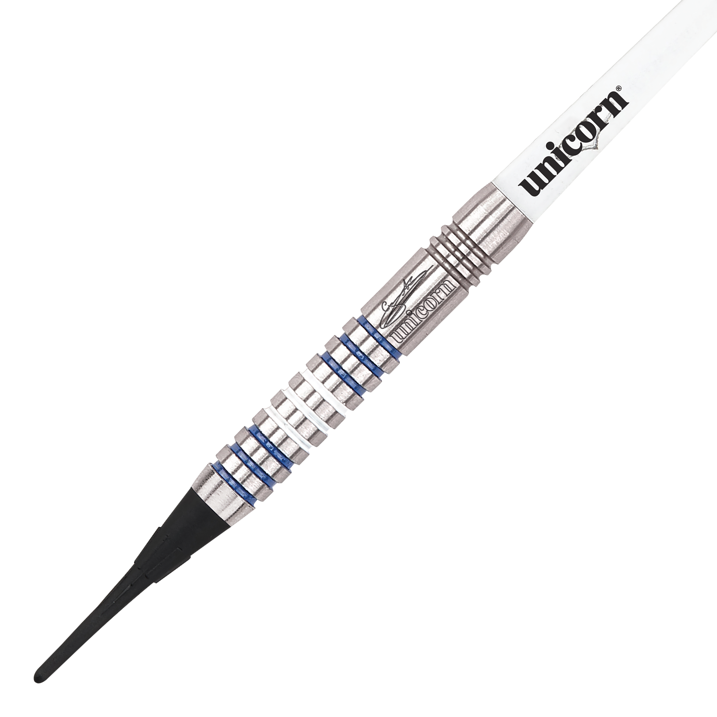 Das Bild zeigt die Unicorn Silver Star Version 3 Gary Anderson Softdarts. Drei silberne Dartpfeile liegen nebeneinander auf weißem Hintergrund.