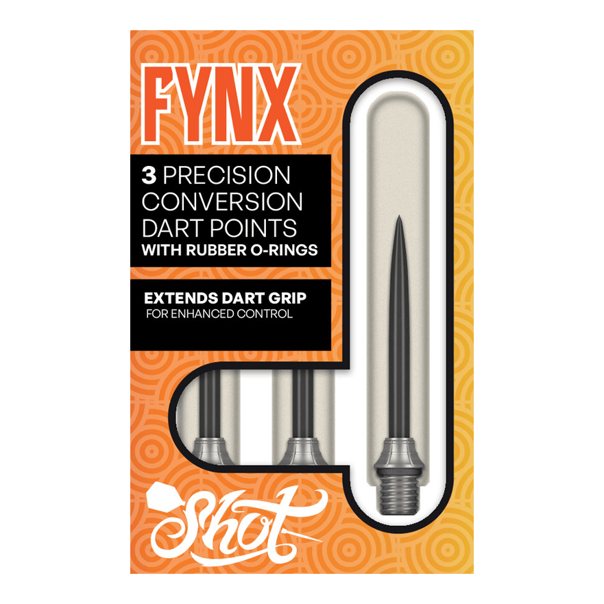 Konverzní hroty Shot Fynx - 32mm Das Foto zeigt die Shot Fynx Conversion Points, 32 mm lang. Diese Dartspitzen ermöglichen ein einfaches Umwechseln der Pointen.