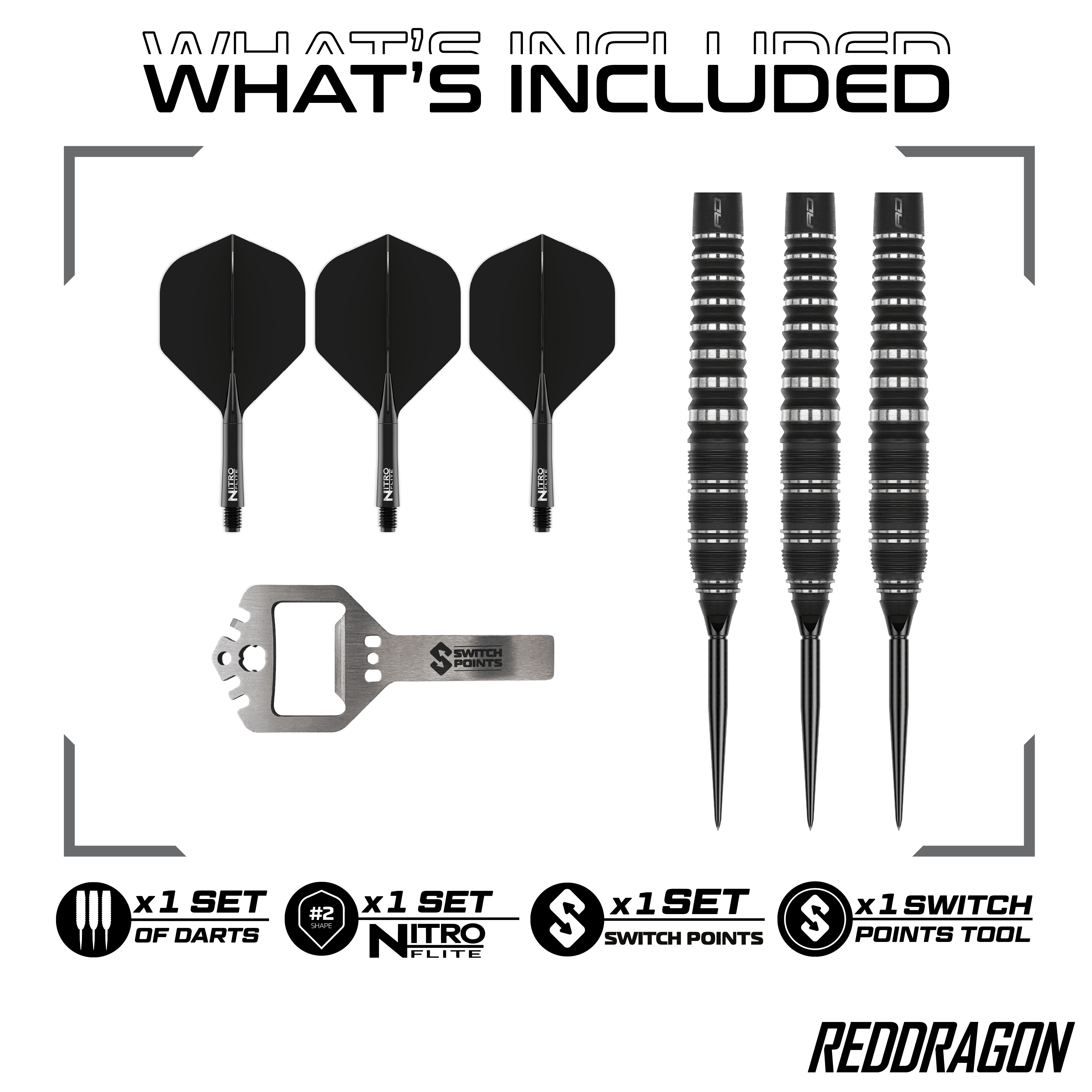 Ocelové šipky Red Dragon Sable Torpedo Switch Point Hier sind Red Dragon Sable Torpedo Switch Point Steeldarts zu sehen. Diese Darts zeichnen sich durch ihre Torpedo-Form aus.
