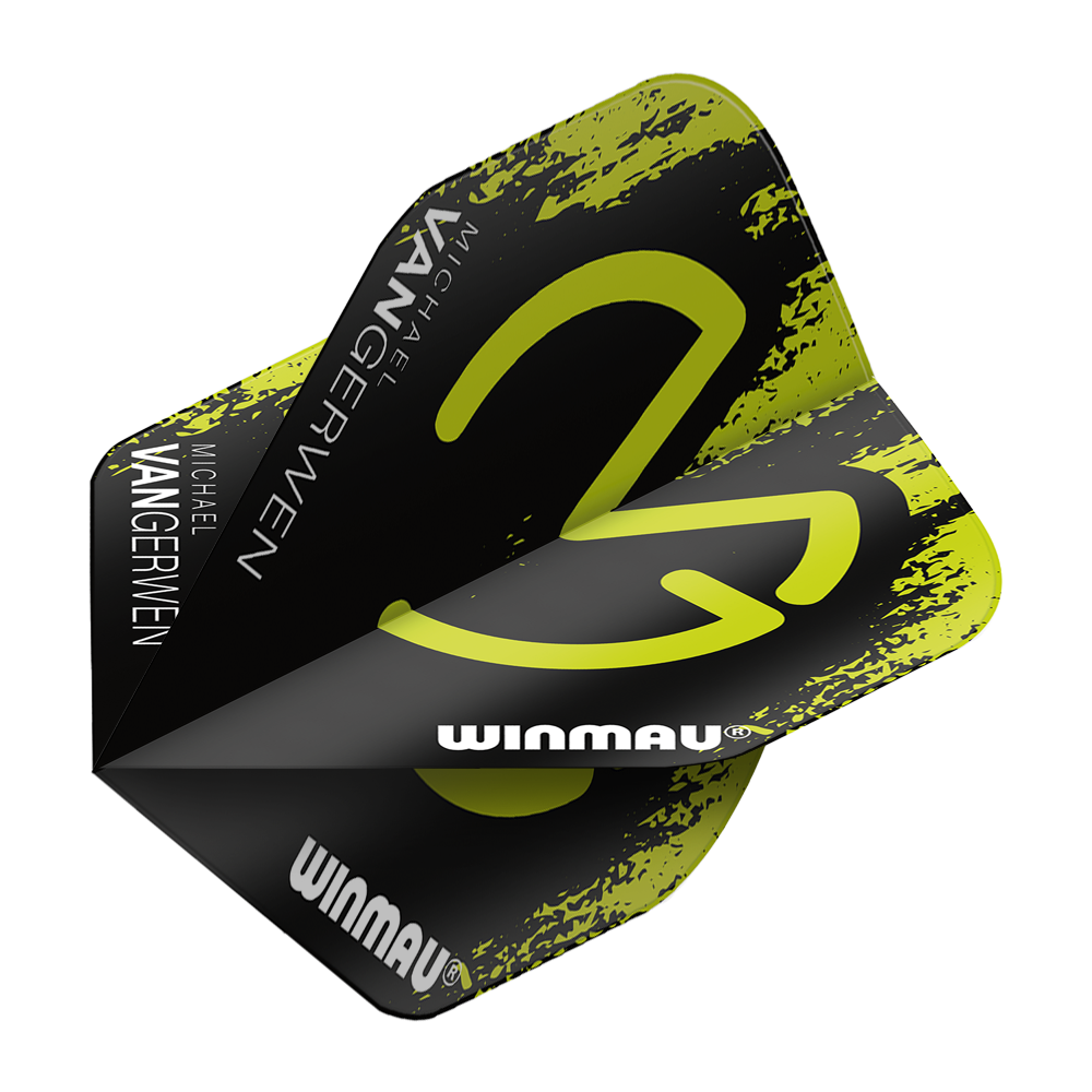 6900-234_Winmau_Mega_MvG_Green_Black_Standard_Flights_2 Winmau Mega MvG Green Black Standard Flights sind grafisch gestaltet. Die Flights liegen nebeneinander.