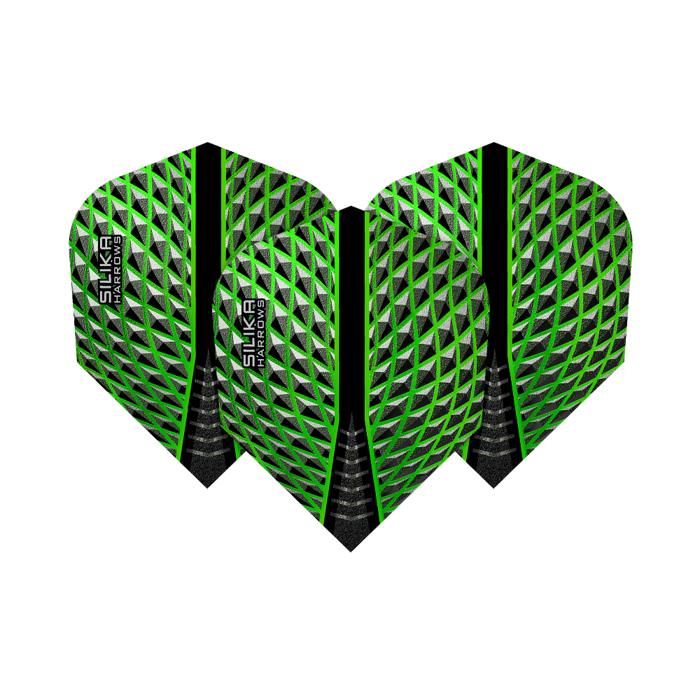 HR57_Harrows_Silika_Green_No6_Flights_1735dATSWsZCvG Harrows Silika Green No6 Flights. Das Foto zeigt Dartflights mit auffälligem Muster.