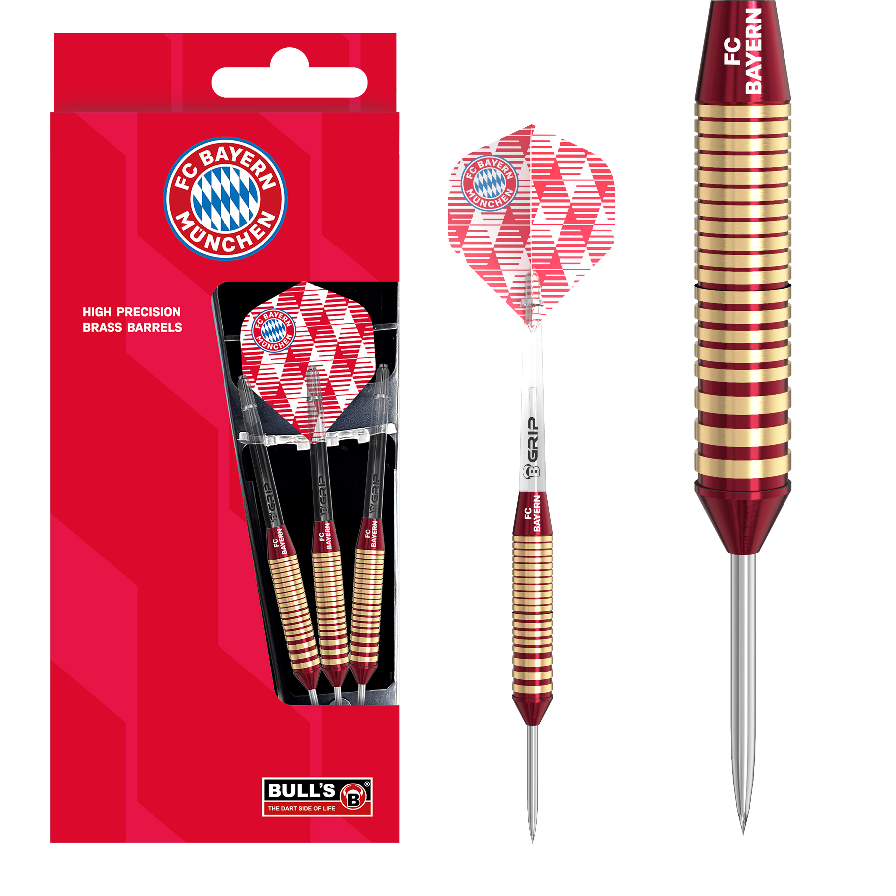 Šipky Bulls FC Bayern Mnichov mosazné ocelové - 21g Abgebildet sind die Bulls FC Bayern München Brass Steeldarts mit einem Gewicht von 21g. Das Produkt ist ideal für Fans des FC Bayern München und Steeldartspieler.