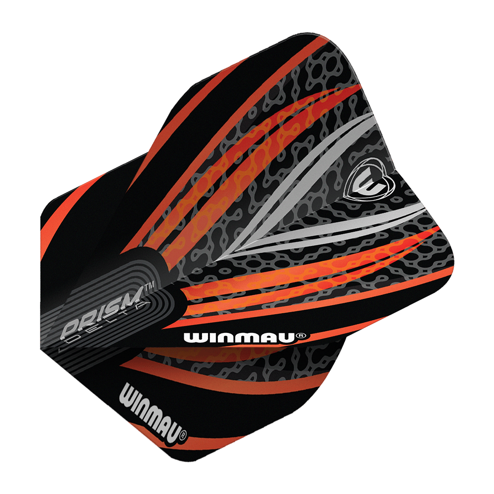 Letky Winmau Prism Delta černá bílá oranžová č. 2 standardní Das Bild zeigt ein Winmau Prism Delta Flight in den Farben Schwarz, Weiß und Orange. Das Flight hat ein modernes, auffälliges Muster mit dem Winmau-Logo und Schriftzug.