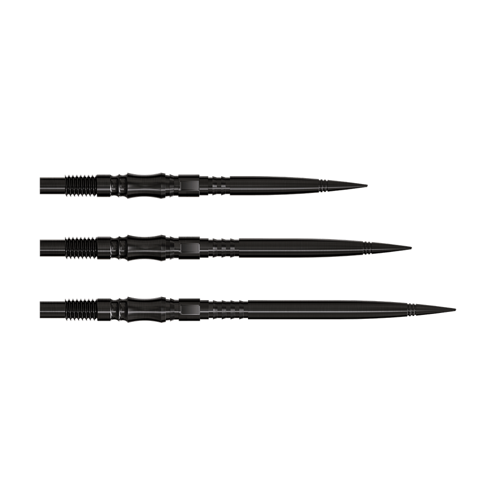 Harrows Quick Point Axis Elite Series Dartspitzen - Schwarz Abgebildet sind schwarze Dartspitzen mit deutlich erkennbarem Profil. Die Spitzen liegen sortiert nebeneinander.