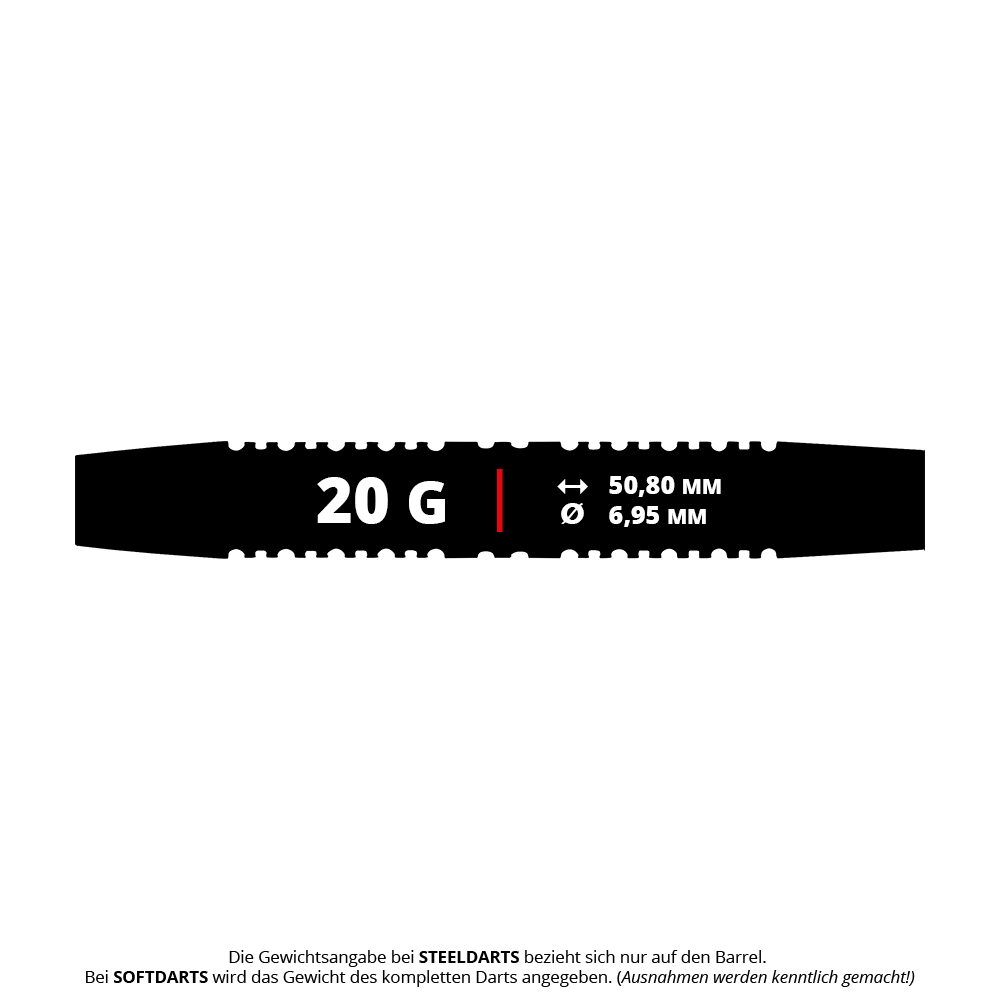 Měkké šipky Winmau Galactics - 20g Das Bild zeigt die Maße und das Gewicht der Winmau Galactics Softdarts mit 20 Gramm. Der Barrel ist 50,80 mm lang und hat einen Durchmesser von 6,95 mm.