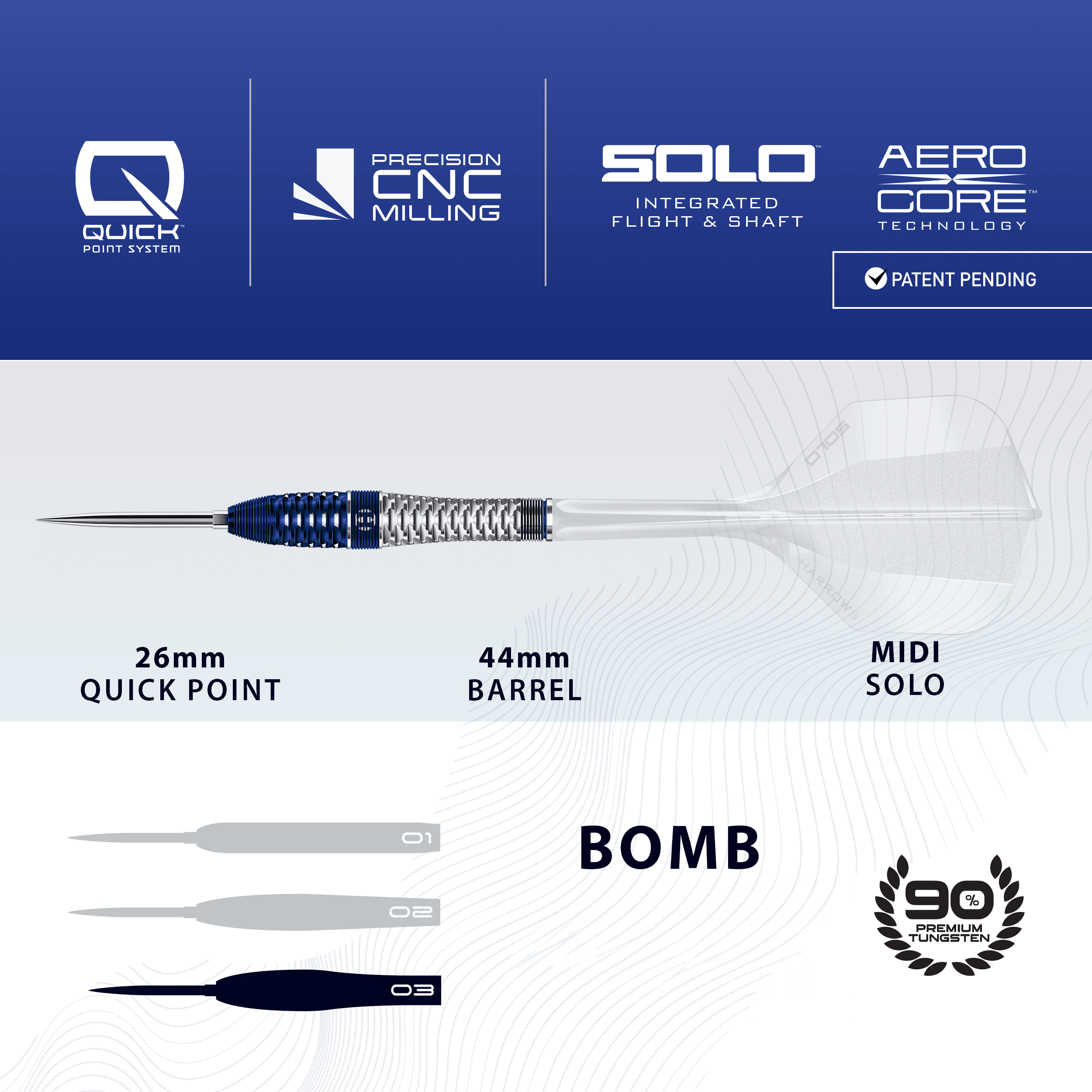 Lotki stalowe Harrows GEO Bomb Quick Point Harrows GEO Bomb Quick Point Steeldarts werden dargestellt. Das Bild zeigt Design und Details dieses Dartprodukts.