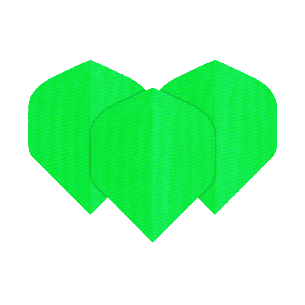 Nylonové tkaninové letky N5 - Standardní - Neonovo zelené Das Bild zeigt drei neongrüne Nylon-Stoff Flights in der Form N5. Sie sind nebeneinander angeordnet und leuchten auffällig.