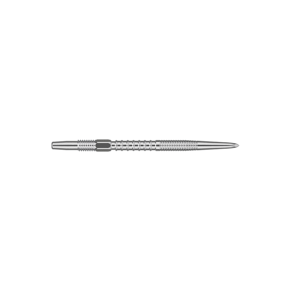 Puntas de dardo Target Swiss Firepoint Silver Das Bild zeigt eine silberne Dartspitze mit feinen Rillen. Sie ist lang, schlank und aus Metall gefertigt.