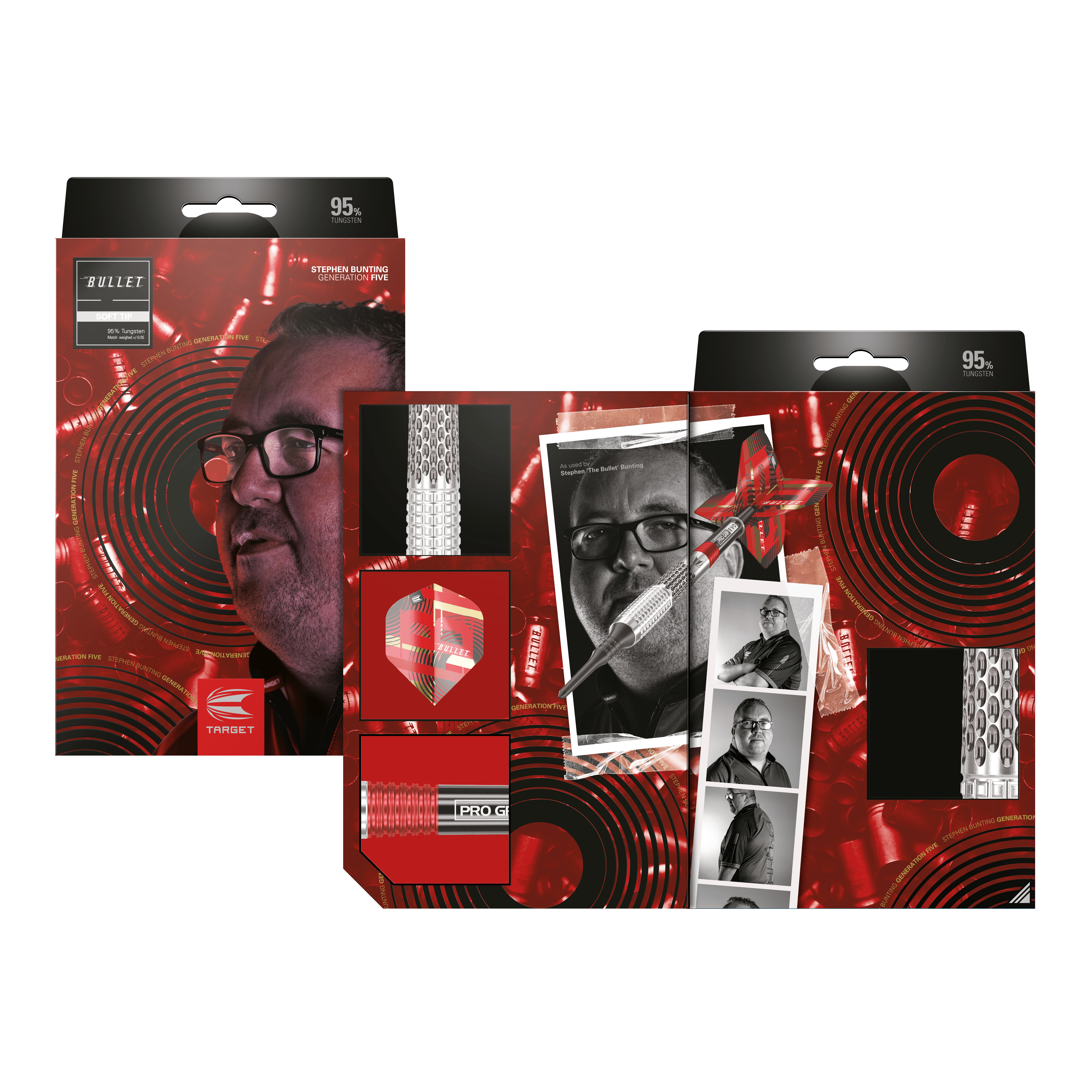 Měkké šipky Target Stephen Bunting GEN5 - 18g Auf dem Bild ist die Verpackung der "Target Stephen Bunting GEN5 Softdarts - 18g" zu sehen. Die Verpackung zeigt ein Porträt von Stephen Bunting und mehrere Produktdetails vor einem roten, auffälligen Hintergrund.