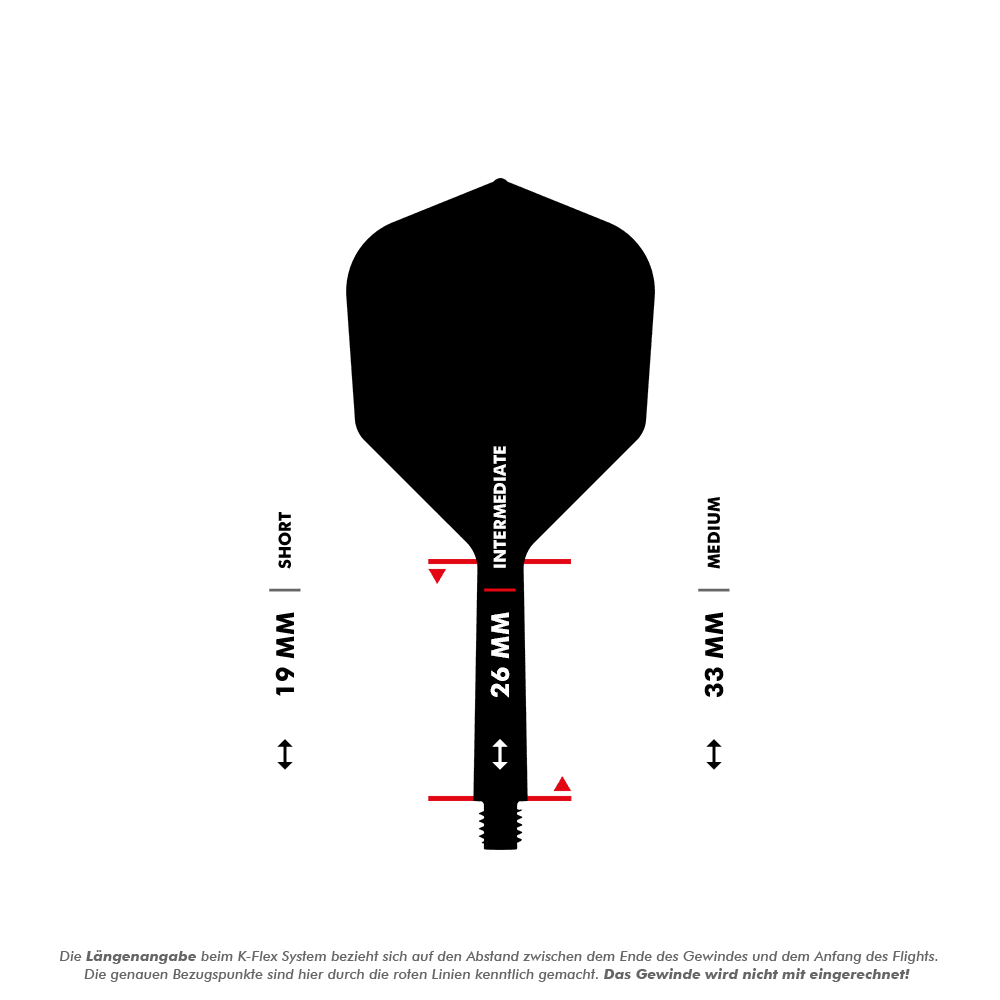 Système de vol Target K-Flex n° 6 - Blanc Das Bild zeigt eine Dart-Flightschafte mit Längenangaben in Millimetern. Es werden die drei Längen "Short" (19 mm), "Intermediate" (26 mm) und "Medium" (33 mm) dargestellt.