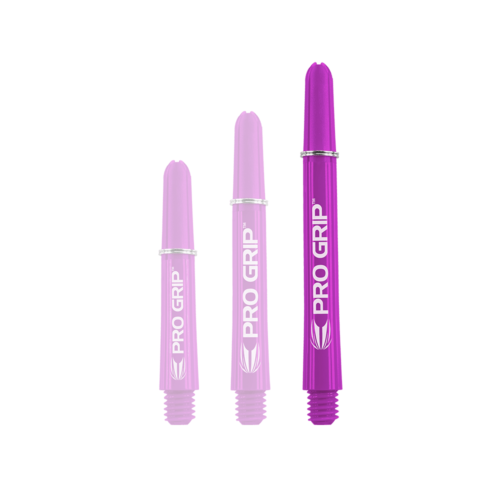 Target Pro Grip Shafts - 3 Sets - Purple Das Bild zeigt drei lilafarbene PRO GRIP Dartschäfte in unterschiedlichen Längen. Sie sind nebeneinander angeordnet und haben jeweils weiße Schrift und Markierungen.
