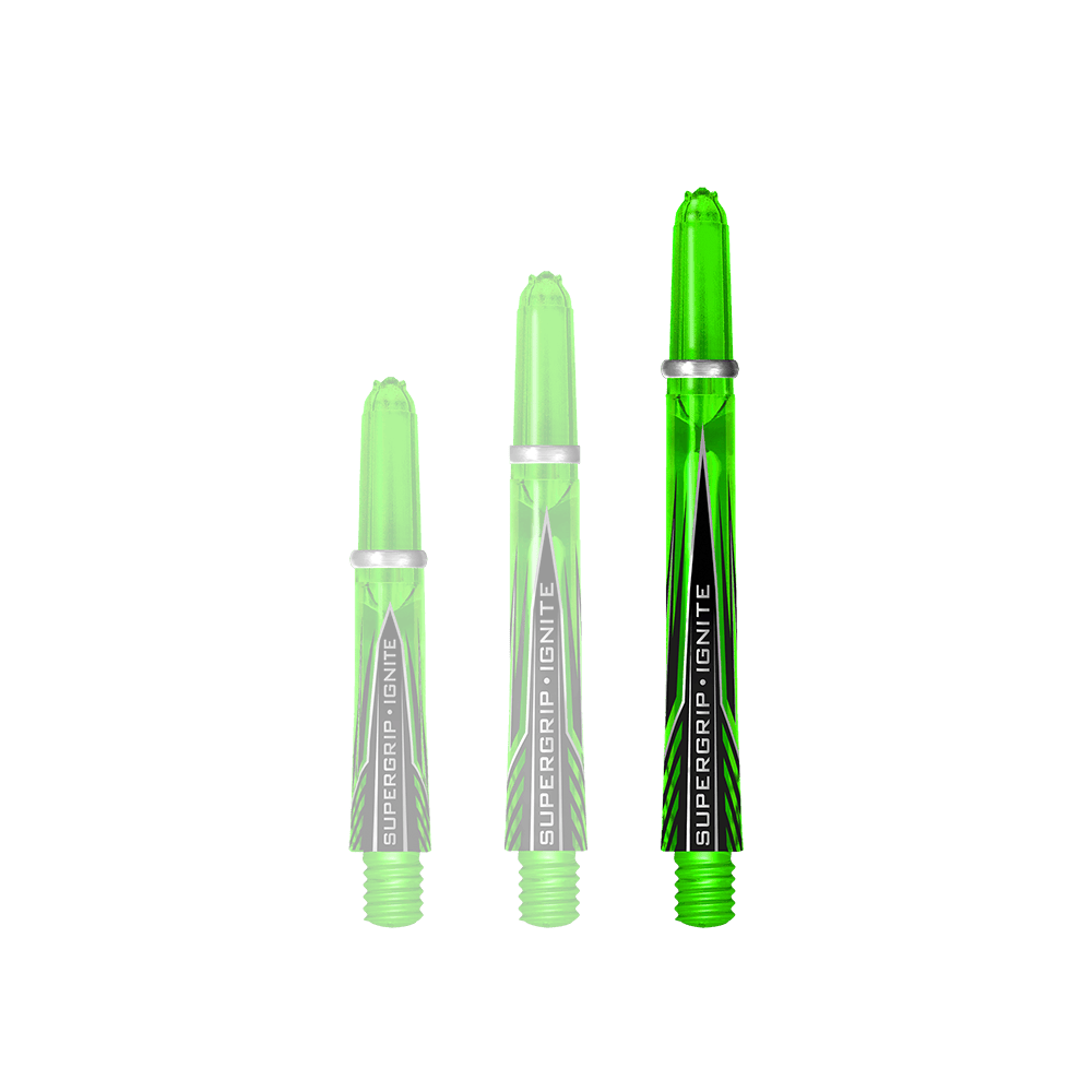 HR391_Harrows_Supergrip_Ignite_Shafts_Gr-n_47mm_1 Das Bild zeigt drei grüne Harrows Supergrip Ignite Shafts in verschiedenen Längen. Die Shafts haben ein modernes Design mit schwarzen und silbernen Akzenten.