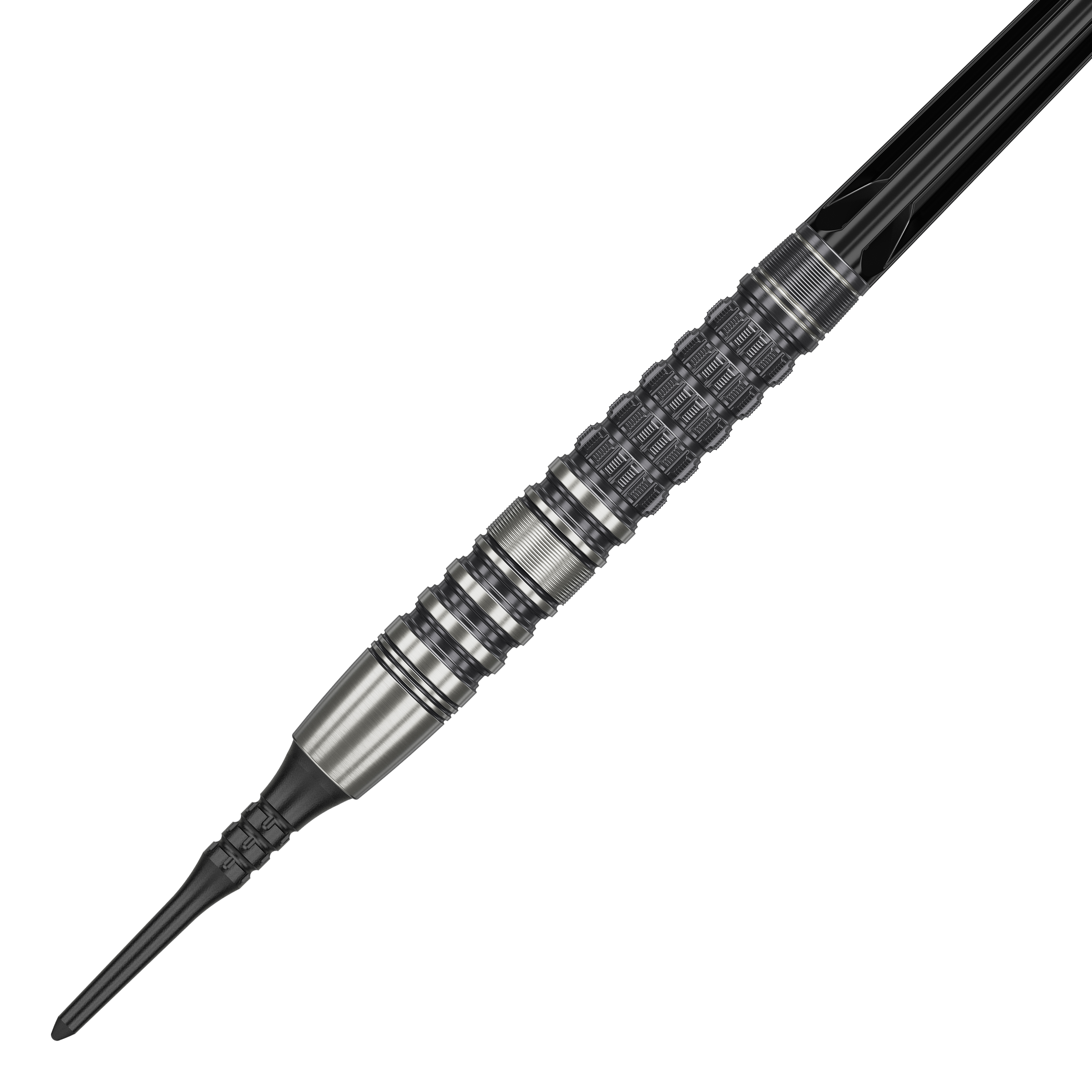 Dardos blandos Target Japan Black Marque Lumiere GEN3 - 18,5 g Das Bild zeigt einen Target Japan Black Marque Lumiere GEN3 Softdart mit einem Gewicht von 18,5g. Der Dart ist aus Metall gefertigt und besitzt ein detailliertes, strukturiertes Griffdesign.