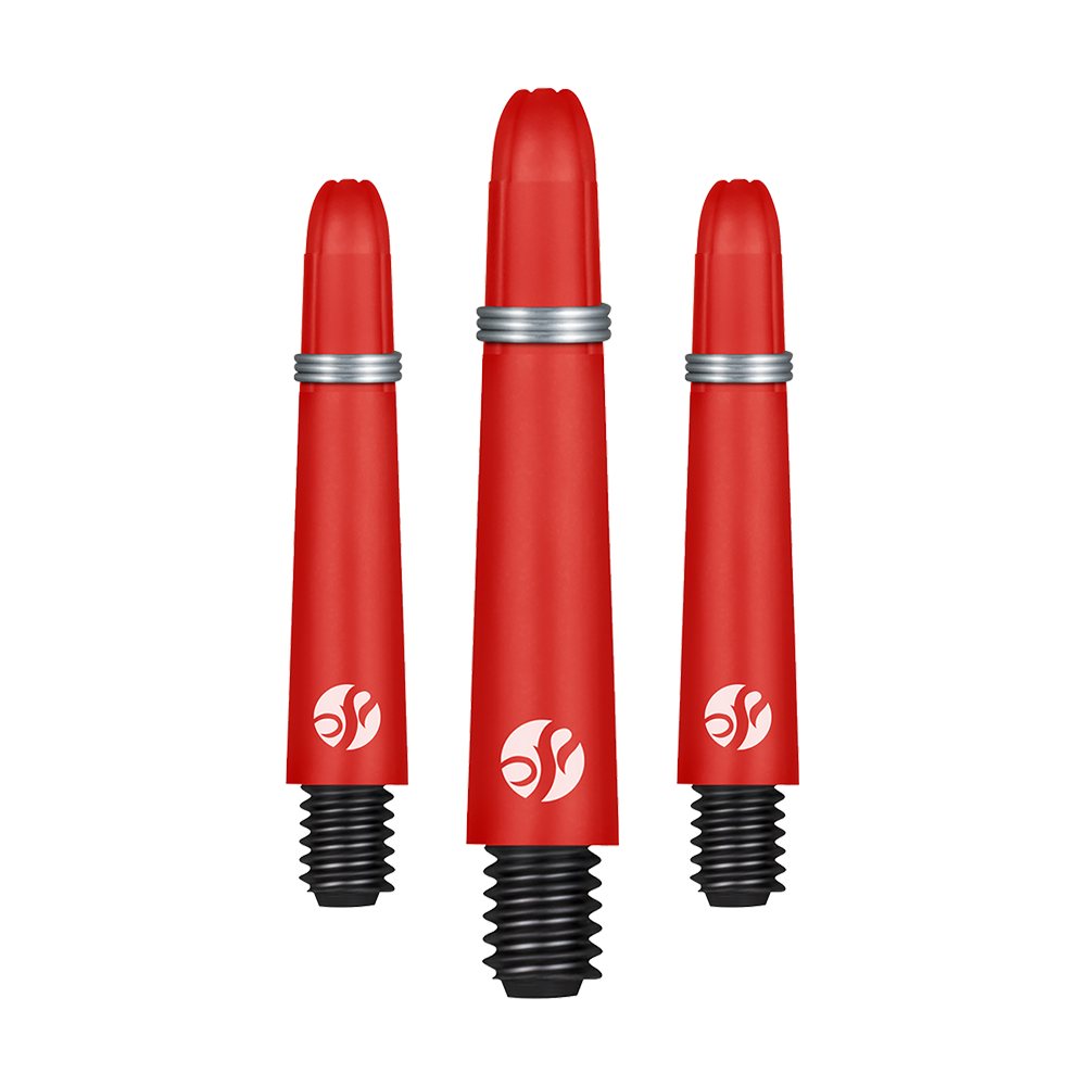 Karbonové násady Shot Koi - červené Das Bild zeigt drei rote Dartshafts mit silbernen Ringen und schwarzem Gewinde. Sie sind in verschiedenen Längen angeordnet und haben ein weißes Logo aufgedruckt.