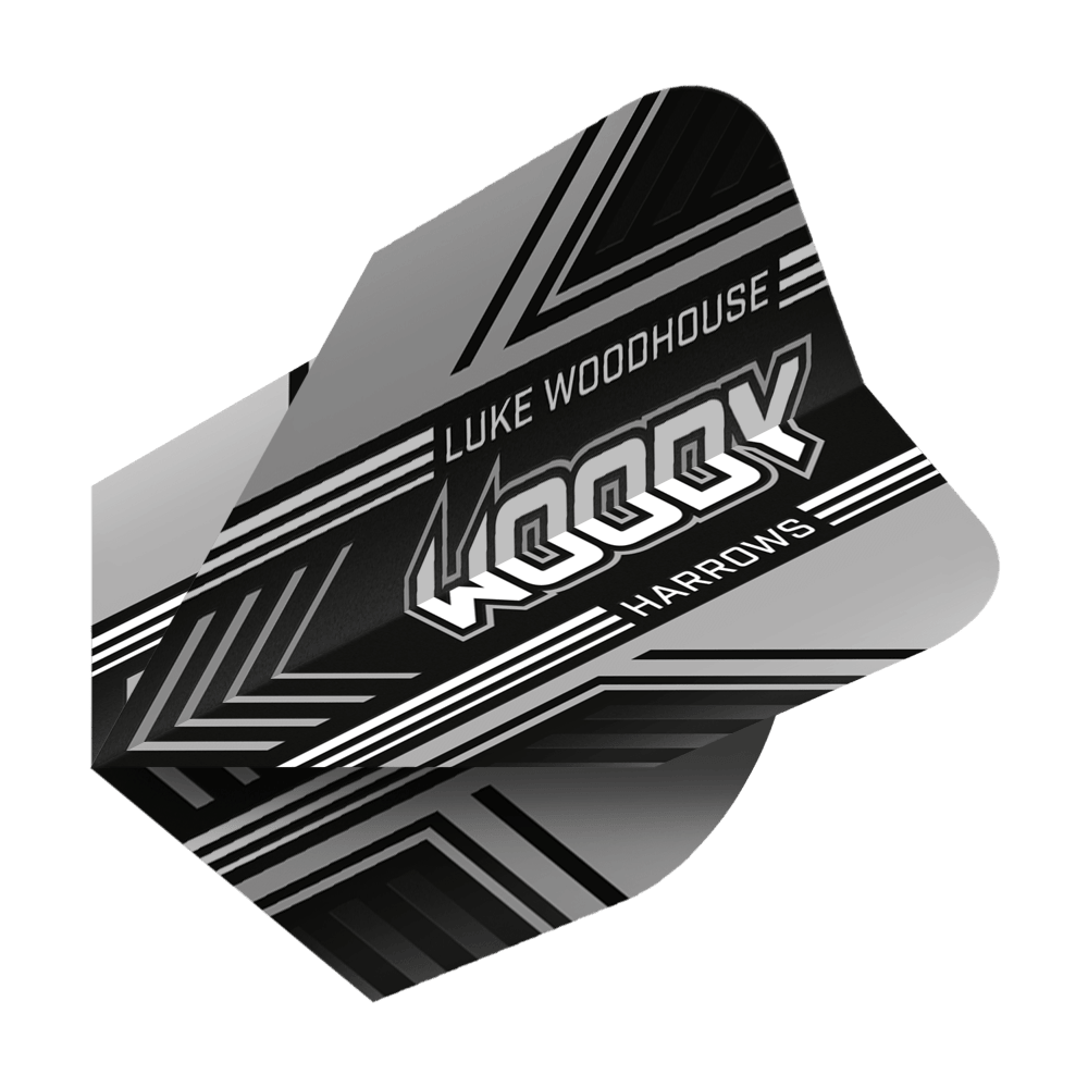 Harrows Prime Luke Woodhouse Woody No6 Lety Auf dem Bild ist ein schwarzer Dartflight mit weißen und grauen Mustern zu sehen. Der Flight trägt die Aufschrift "Luke Woodhouse WOODY Harrows".