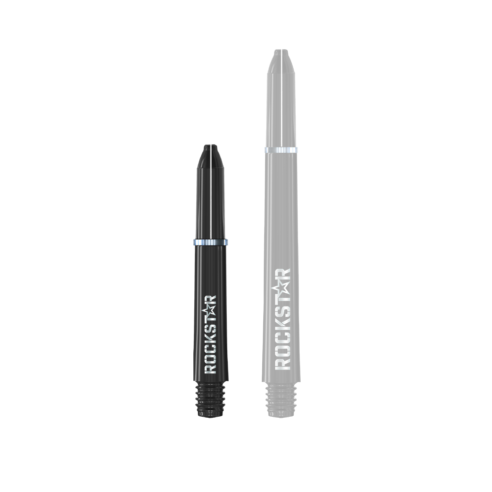 Winmau Joe Cullen Rockstar Nylon Alberi Neri Das Bild zeigt zwei schwarze Dartschäfte mit der Aufschrift "ROCKSTAR". Die Schäfte sind unterschiedlich lang und haben silberne Ringe.