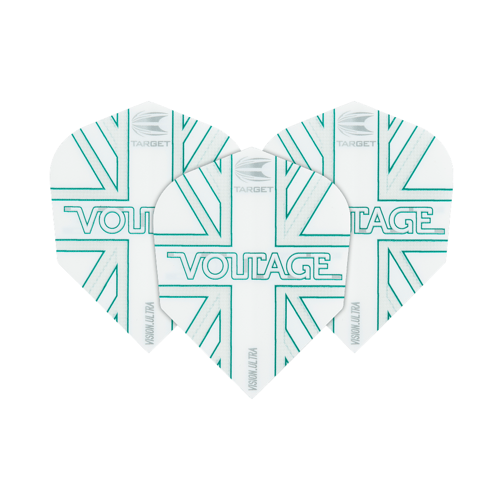 TG271_332850_Target_VisionUltra_Rob_Cross_Voltage_No6_Flights_1EEqIIjz4y96hW Das Bild zeigt drei weiße Dart-Flights mit türkisfarbenen Linien und dem Schriftzug "VOLTAGE" in der Mitte. Oben steht das Logo von "Target" und an der Seite ist "Vision Ultra" zu lesen.
