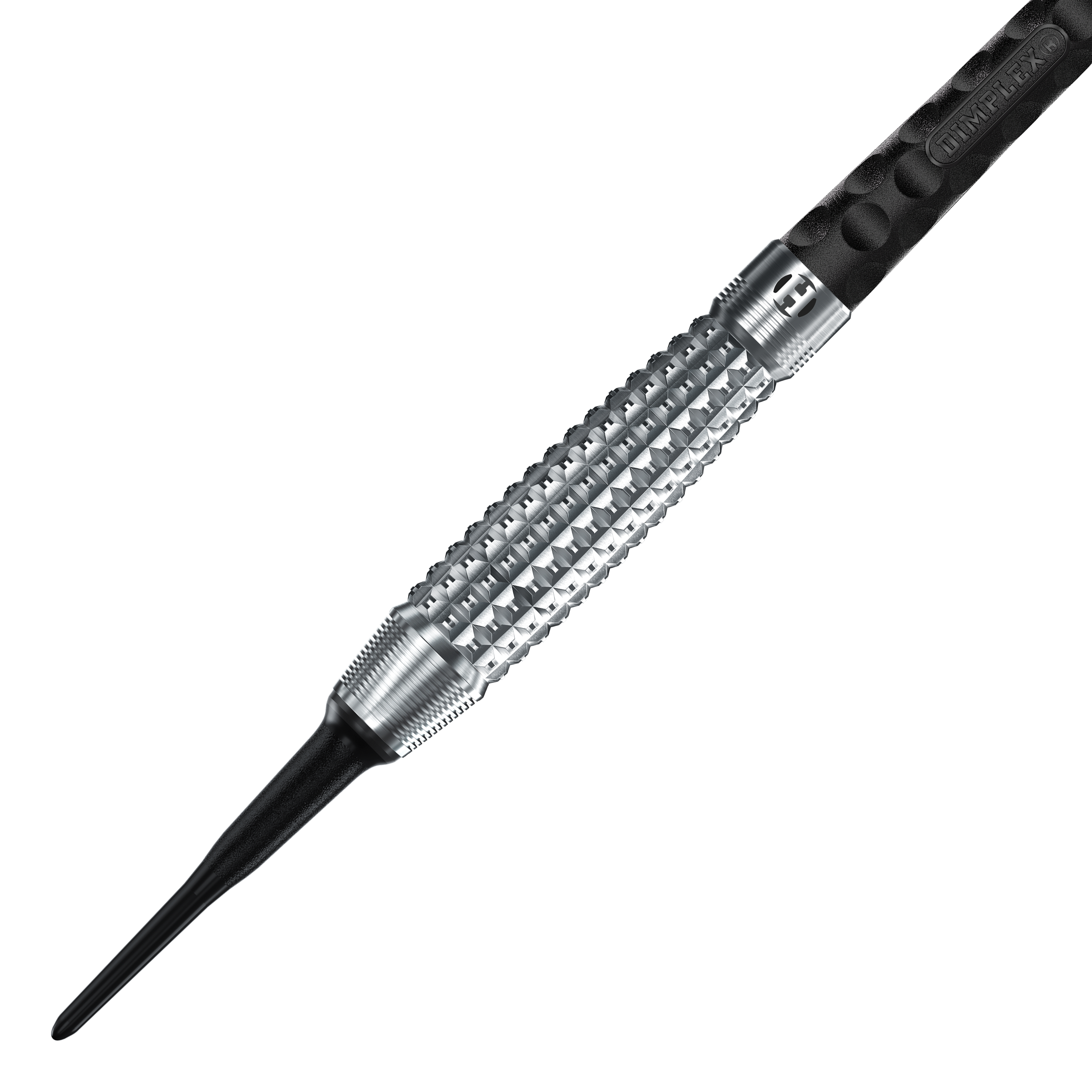 Freccette morbide Harrows Dimplex S3 Bomb Das Bild zeigt einen Harrows Dimplex S3 Bomb Softdart. Der Dartpfeil hat eine silberne, strukturierte Griffzone und eine schwarze Kunststoffspitze.
