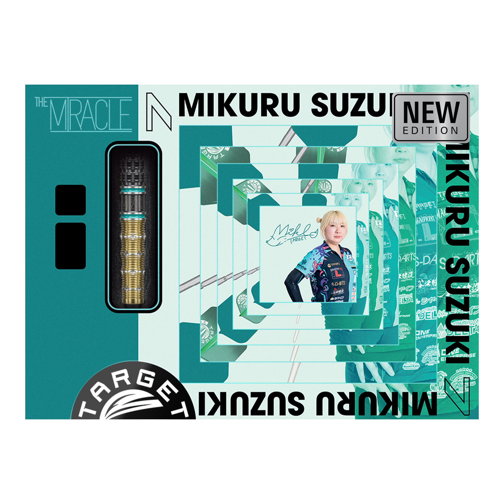 Zu sehen sind die Target Mikuru Suzuki The Miracle GEN7.5 Softdarts - 19g. Das Produkt ist für Softdart-Spiele konzipiert.