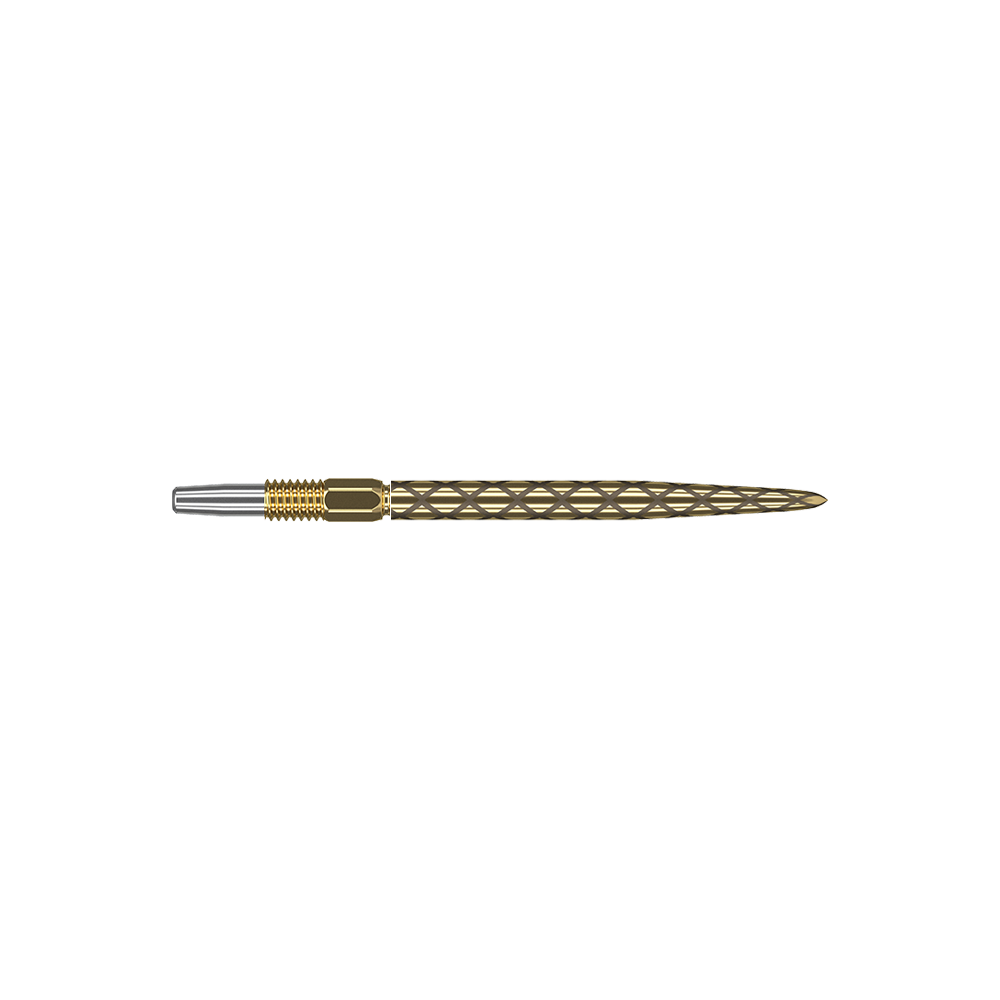 Puntas de dardos Target Swiss Diamond Pro Gold Das Bild zeigt eine goldene Dartspitze mit einem filigranen, rautenförmigen Muster. Die Spitze hat einen silbernen Ansatz und ist insgesamt schlank und länglich geformt.