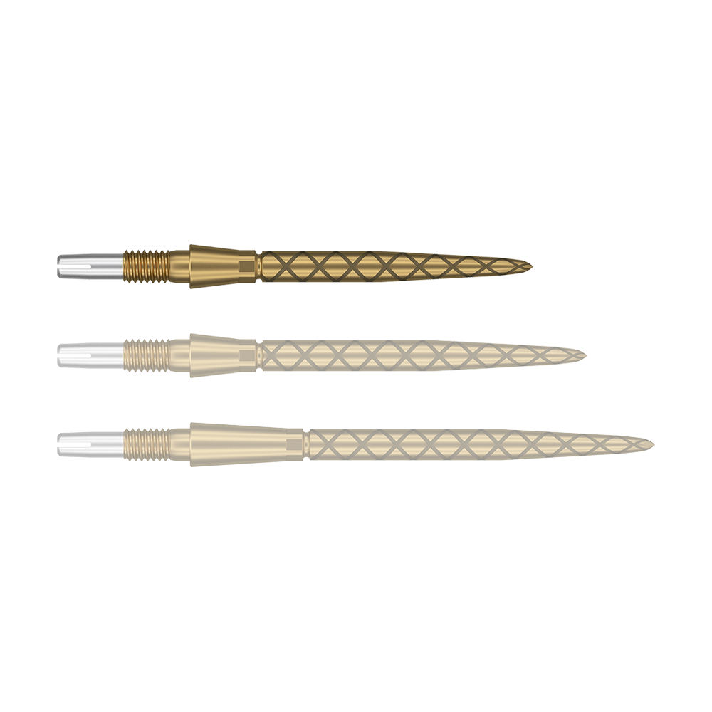 Target Swiss Storm Diamond Point Dart Tips - Gold Das Bild zeigt drei goldene Dartspitzen mit einem rautenförmigen Muster. Die Spitzen sind nebeneinander angeordnet und haben silberne Enden zum Befestigen.