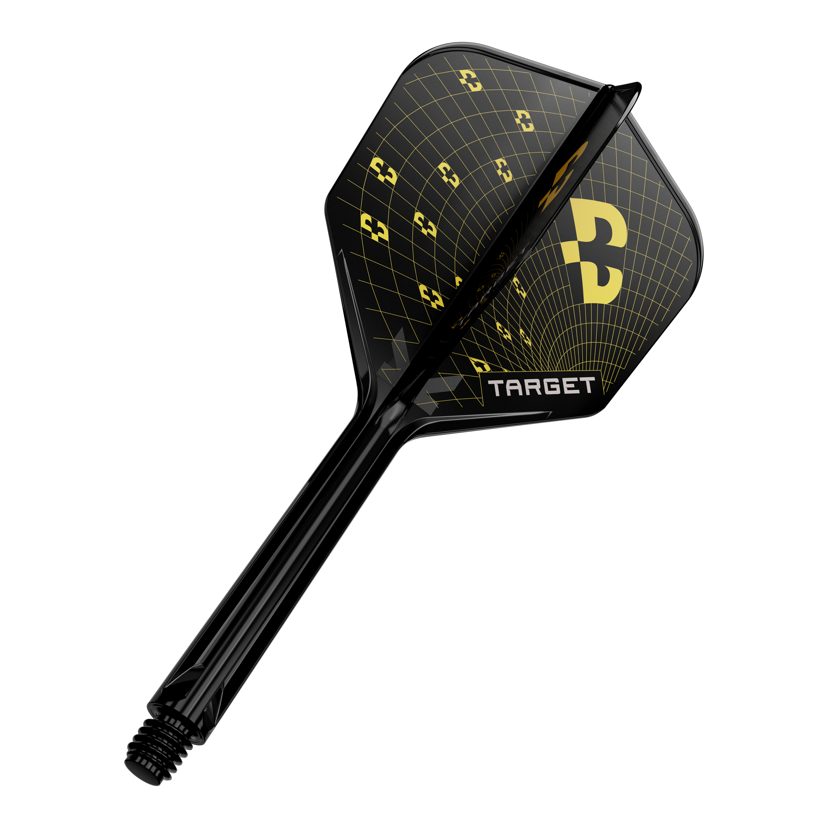 Nahaufnahme eines Dart-Flights, wahrscheinlich Target K-Flex Bolide No6 in 33mm. Das Produkt wird einzeln präsentiert.