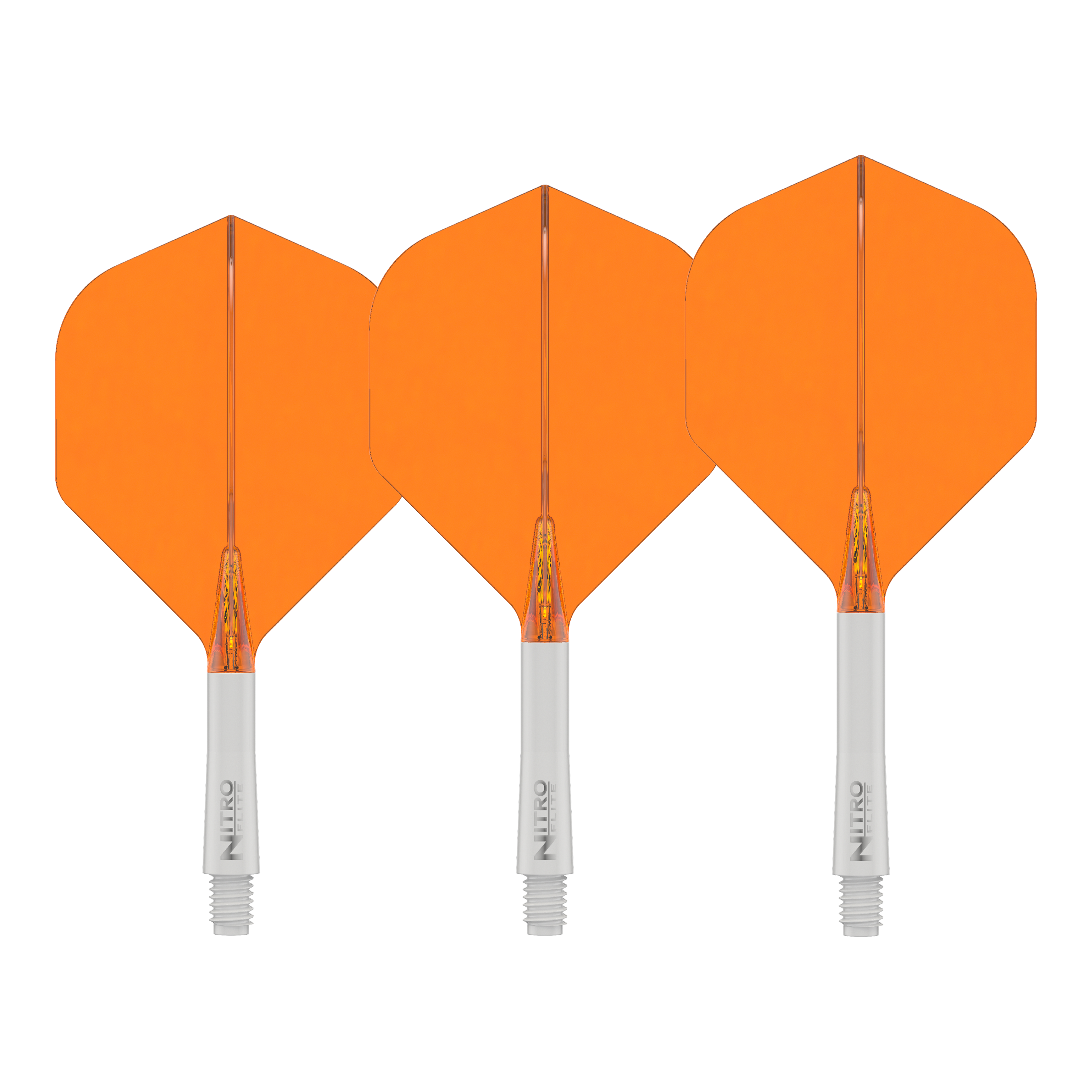 Red Dragon Nitroflite White Shaft Orange Flights No2 Das Bild zeigt das Produkt Red Dragon Nitroflite White Shaft Orange Flights No2. Es handelt sich um einen weißen Dart-Schaft mit orangefarbenen Flights.
