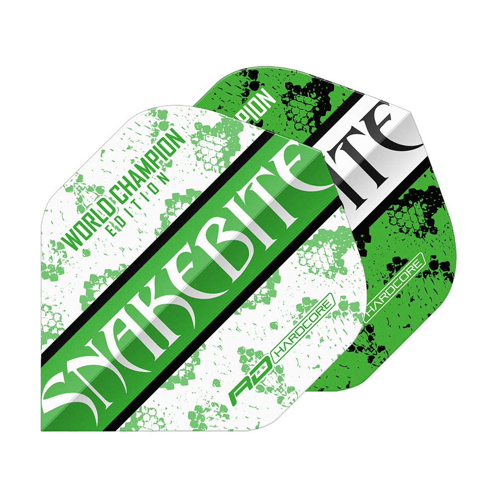 Červený drak Peter Wright Uštknutí hadem Zelená Bílá Jin Jang Standardní lety Das Bild zeigt zwei Dart-Flights in grün-weißem Design mit der Aufschrift "SNAKEBITE". Auf einem Flight steht zusätzlich "WORLD CHAMPION EDITION" und beide haben ein Schlangenhaut-Muster.