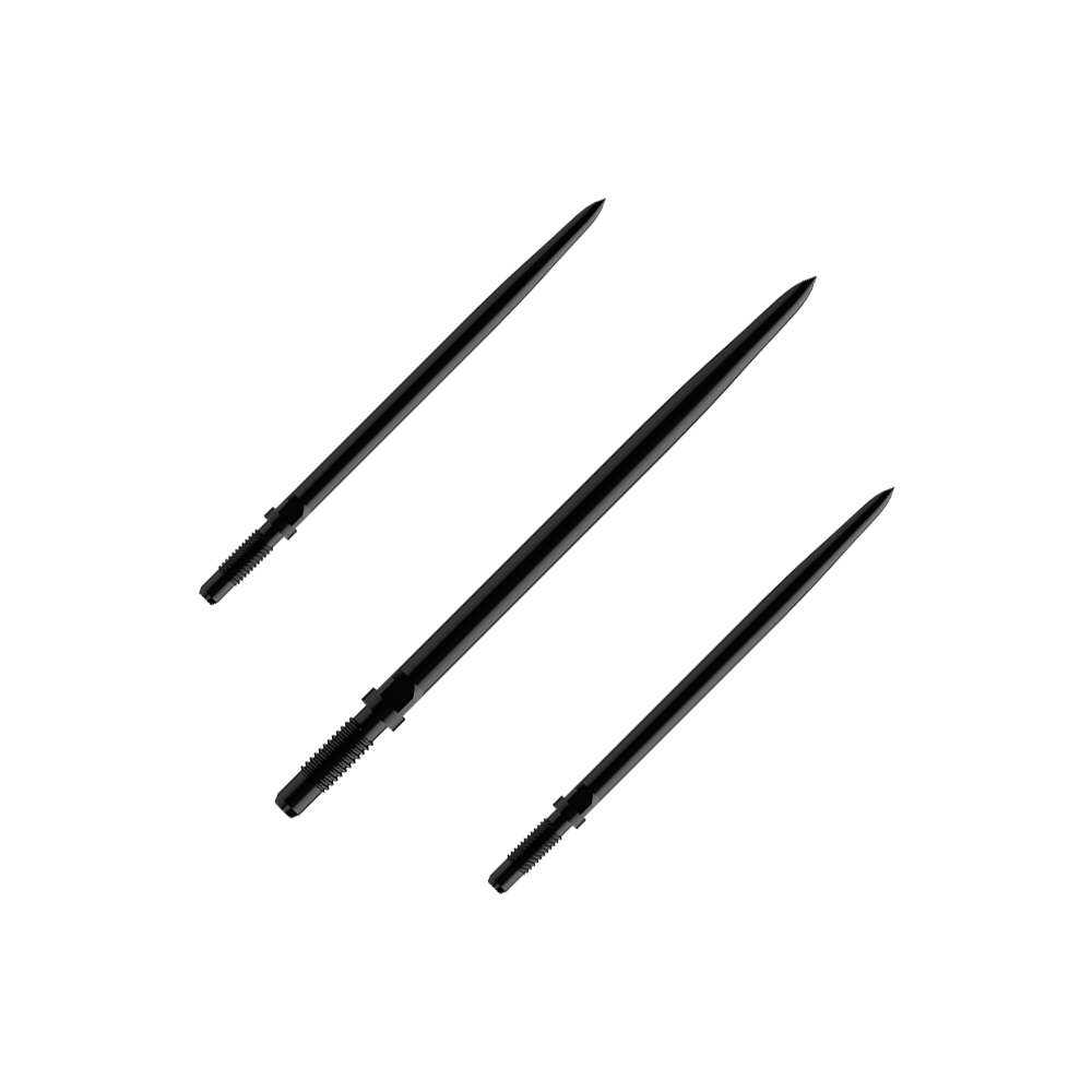 Pointes de fléchettes convertibles Bulls NL - Lisses - Noires Das Bild zeigt einen Artikel mit dem Namen BU57701_BullsNL_Convertible_Points_Smooth_Schwarz_36mm_1Set. Vermutlich handelt es sich um einen Satz schwarzer, glatter Dartspitzen mit einer Länge von 36 mm.