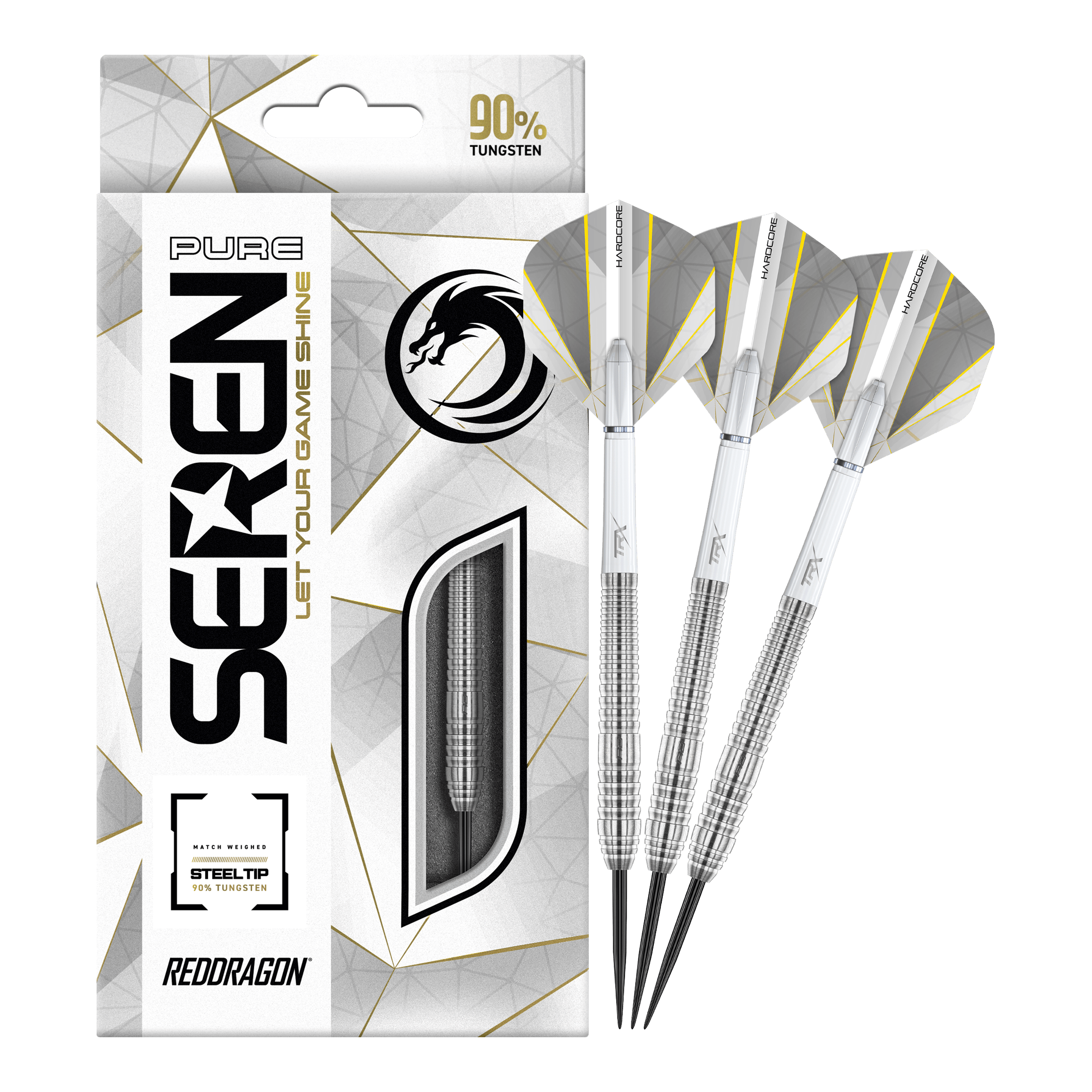 Red Dragon Seren 2 Dardos de acero puro Das Bild zeigt das Produkt "Red Dragon Seren 2 Pure Steeldarts" mit einer eleganten Verpackung. Neben der Packung sind drei silberne Steeldarts abgebildet.