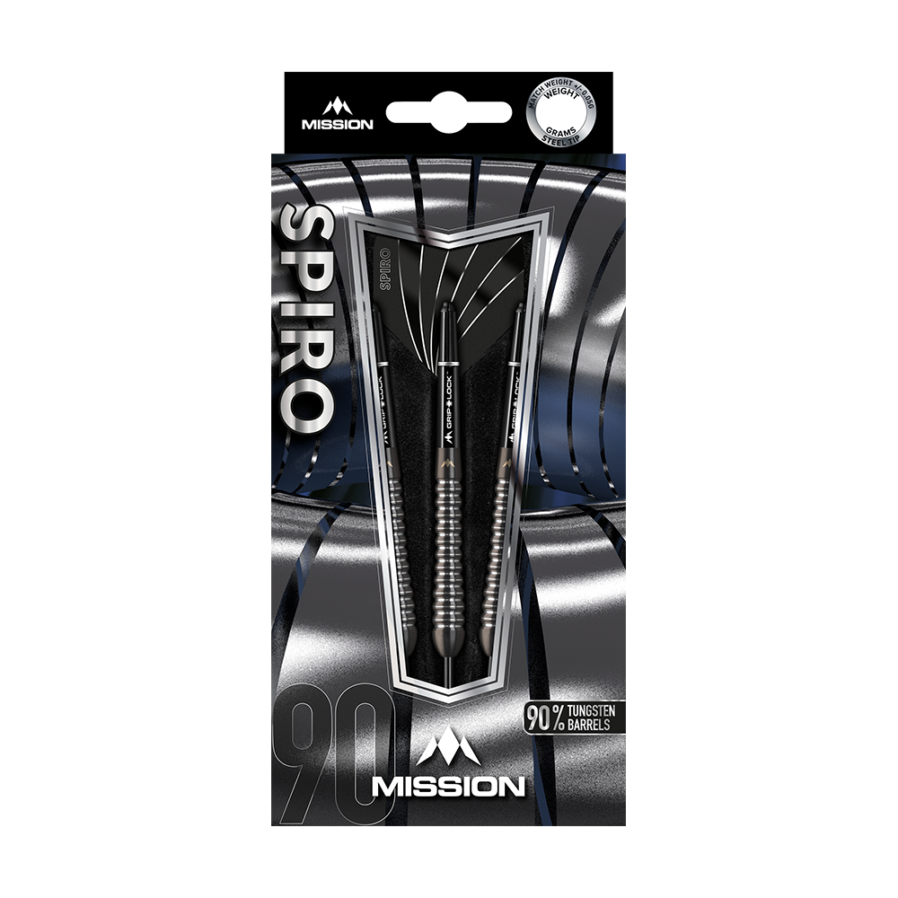 Lotki stalowe Mission Spiro Model 2 - 22g Das Bild zeigt eine Verpackung der Mission Spiro Model 2 Steeldarts mit einem Gewicht von 22 Gramm. Die Pfeile bestehen zu 90 % aus Tungsten und sind elegant in einer silber-schwarzen Box präsentiert.