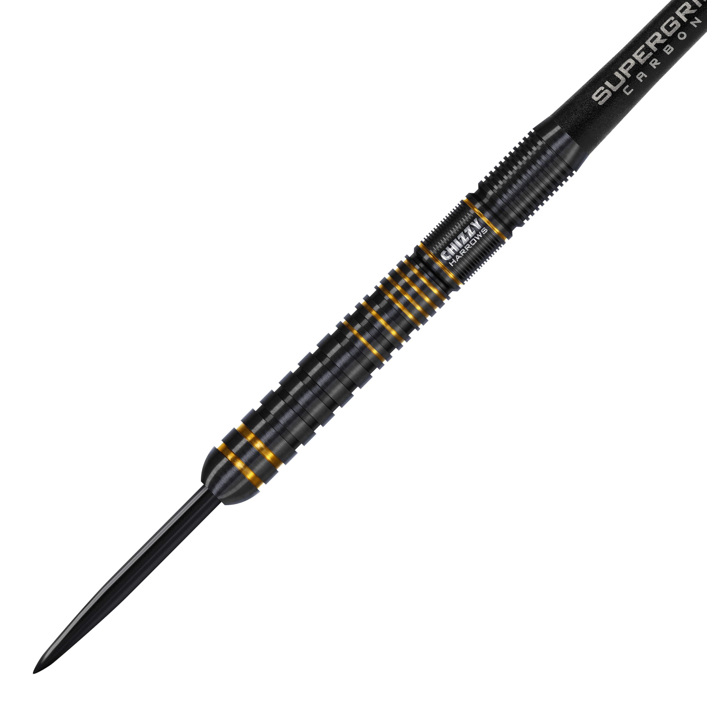 Stalowe lotki Harrow's Dave Chisnall Chizzy Series 3 Das Bild zeigt den Harrows Dave Chisnall Chizzy Series 3 Steeldart. Der Dart ist schwarz mit goldenen Akzenten und hat eine geriffelte Oberfläche für besseren Halt.