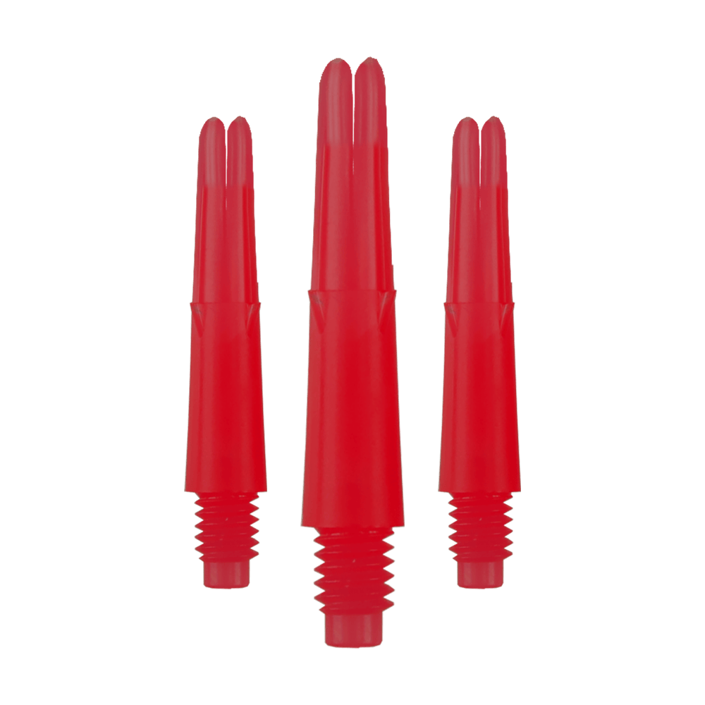 Das Bild zeigt drei rote, gerade Dartschäfte mit Gewinde unten. Sie sind ohne Kappen und haben eine Länge von 26 mm.