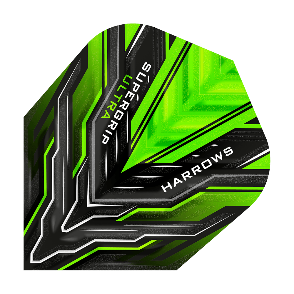 HR11_Harrows_Supergrip_Ultra_Green_Standard_Flights_1q2YYo4XWBmfJw Harrows Supergrip Ultra Standard Flights mit modernem Muster. Das Set ist fächerförmig ausgebreitet.