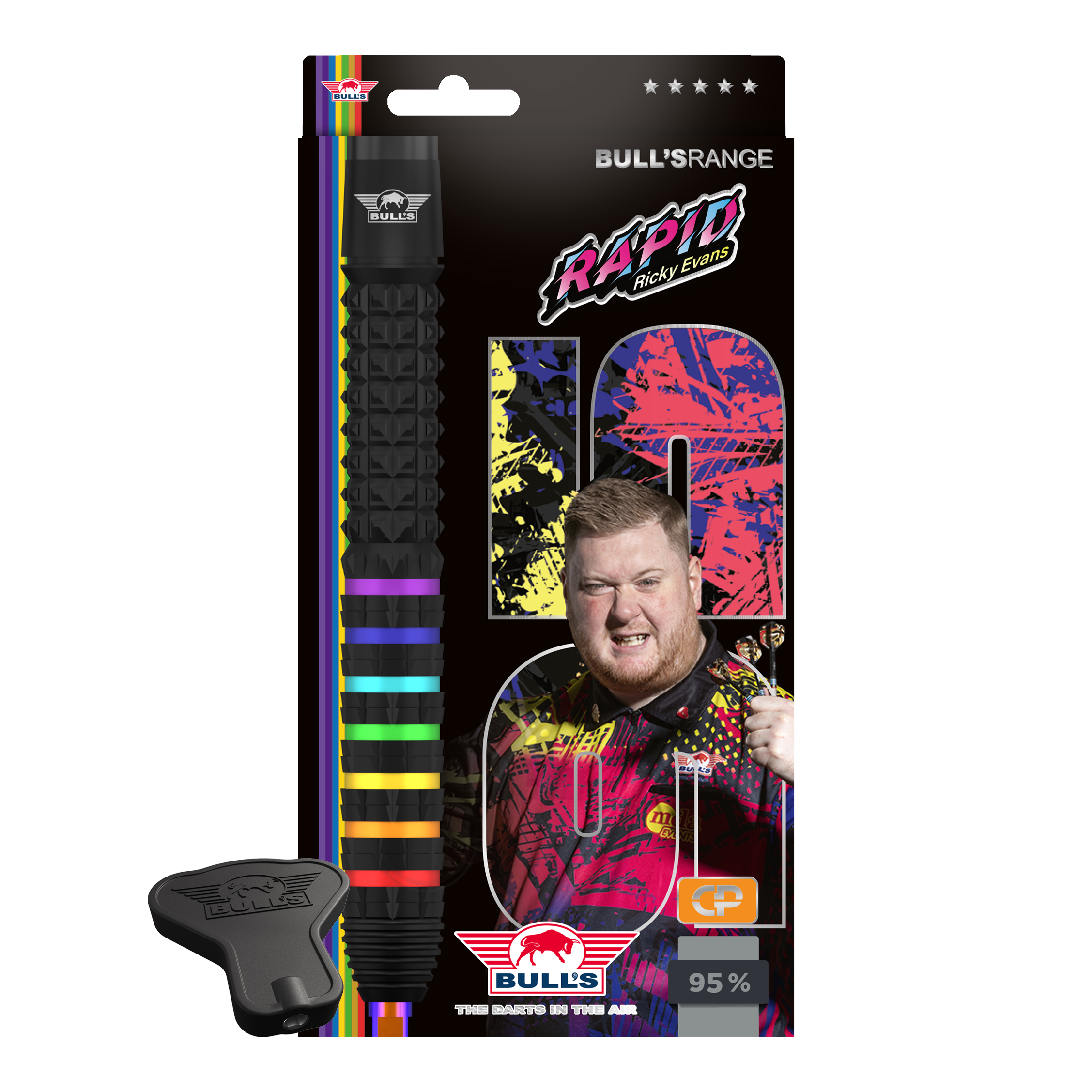 Šipky Bulls NL Ricky Evans Rapid 95 Convertible Point Steel Darts Zu sehen ist das Set Bulls NL Ricky Evans Rapid 95 Convertible Point Steeldarts. Es werden mehrere Darts präsentiert.