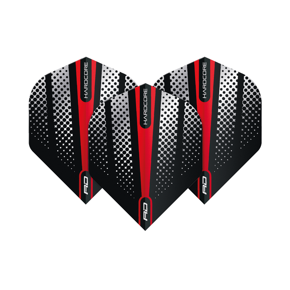 TF6512_Red_Dragon_Hardcore_Radical_Red_Flash_Standard_Flights_1KoWbG5dKXYxY0 Das Bild zeigt drei Dart-Flights des Produkts "Red Dragon Hardcore Radical Red Flash Standard Flights". Die Flights sind schwarz mit weißen Punkten und roten Streifen gestaltet.