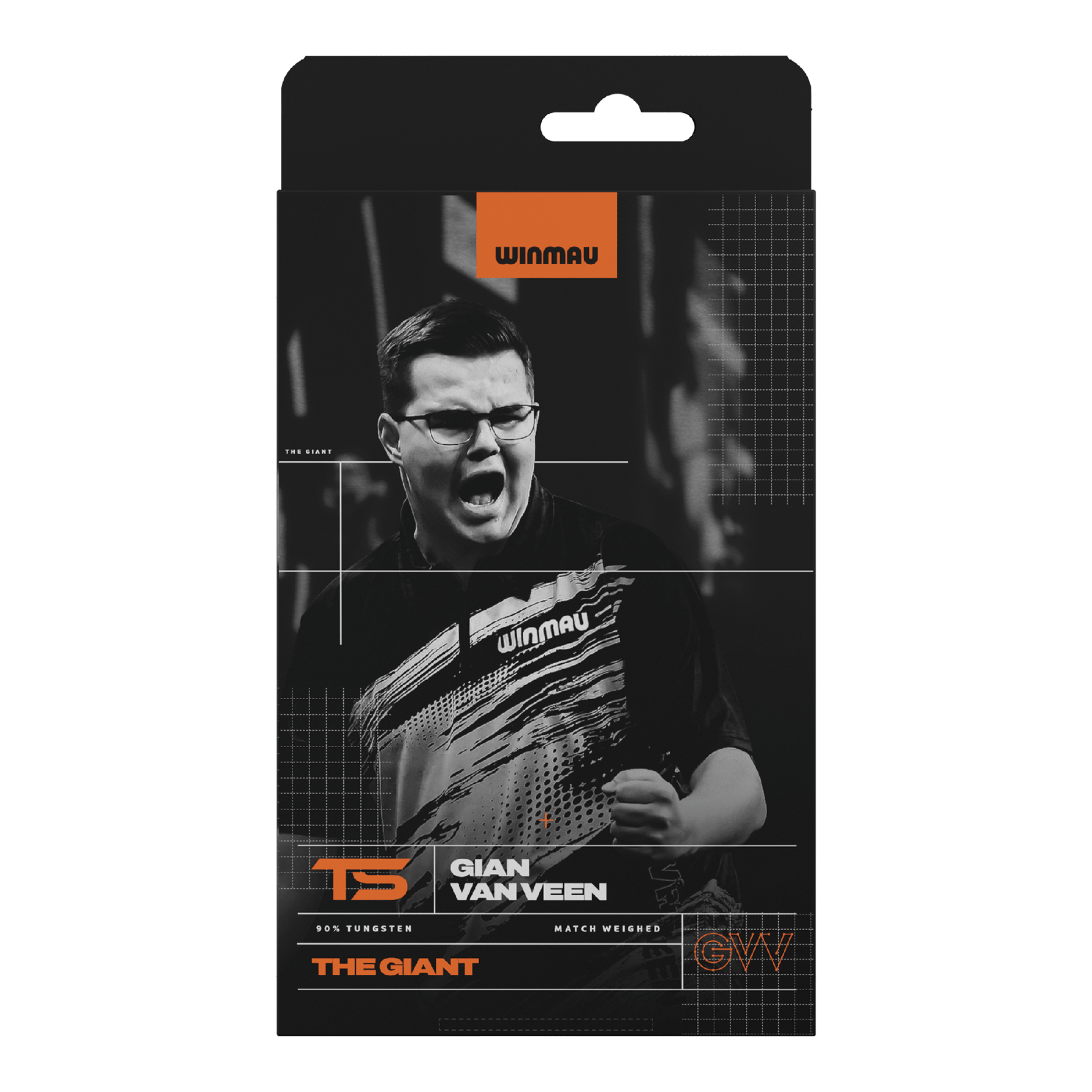 Abgebildet sind Winmau Gian Van Veen TS Softdarts, 18g. Die Darts sind einzeln aufgereiht zu sehen.