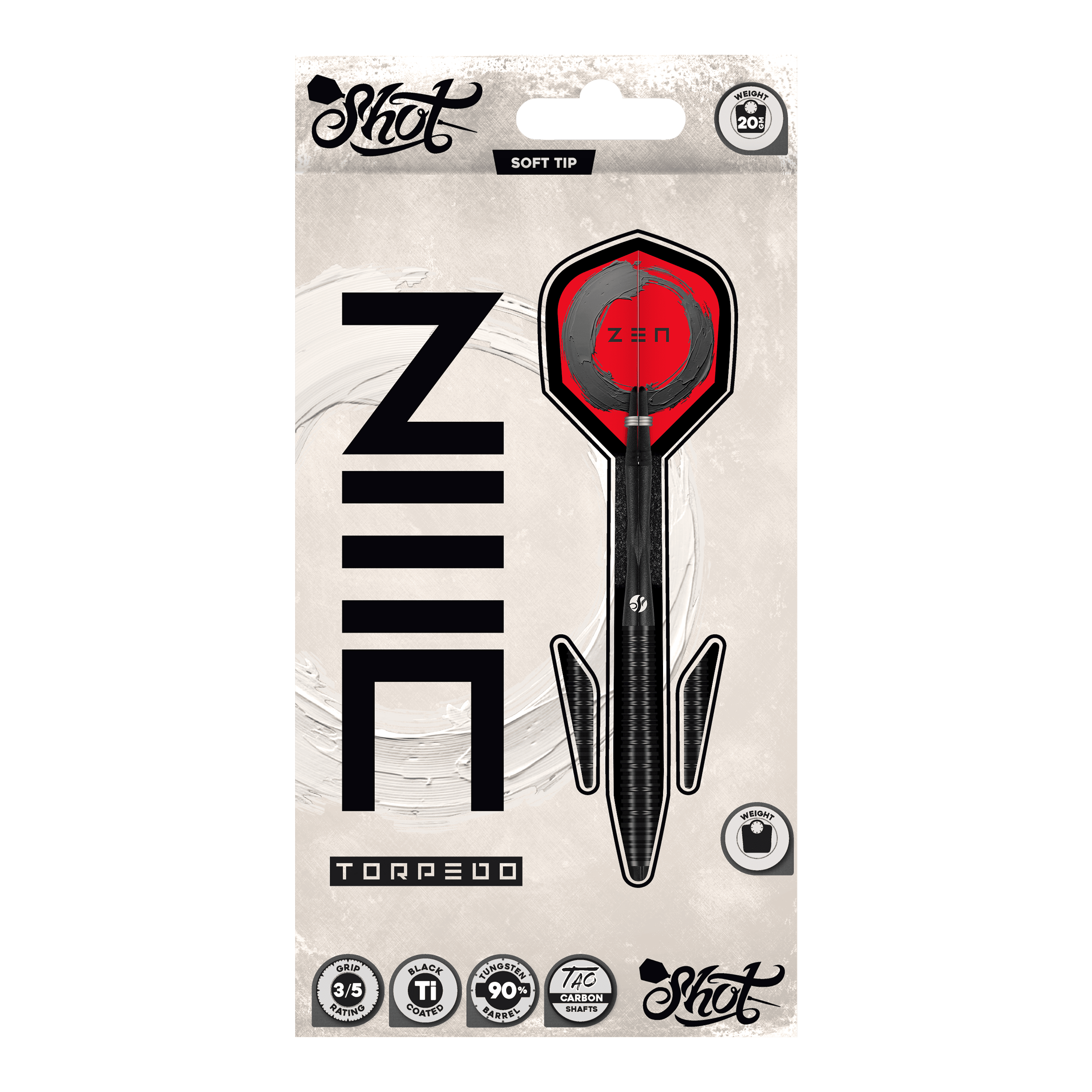 Shoty ZEN Torpedo Soft Darts - 20g Hier sieht man die Shot ZEN Torpedo Softdarts - 20g aus einer anderen Perspektive. Die Details des Dartpfeils sind deutlich erkennbar.