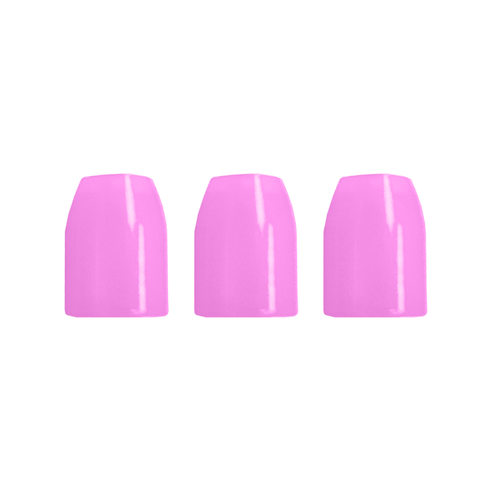 LSF8_L-Style_Champagne-Ringe_Pink_2 Das Bild zeigt drei nebeneinander stehende künstliche Fingernägel. Sie sind alle in einem glänzenden Pink lackiert.