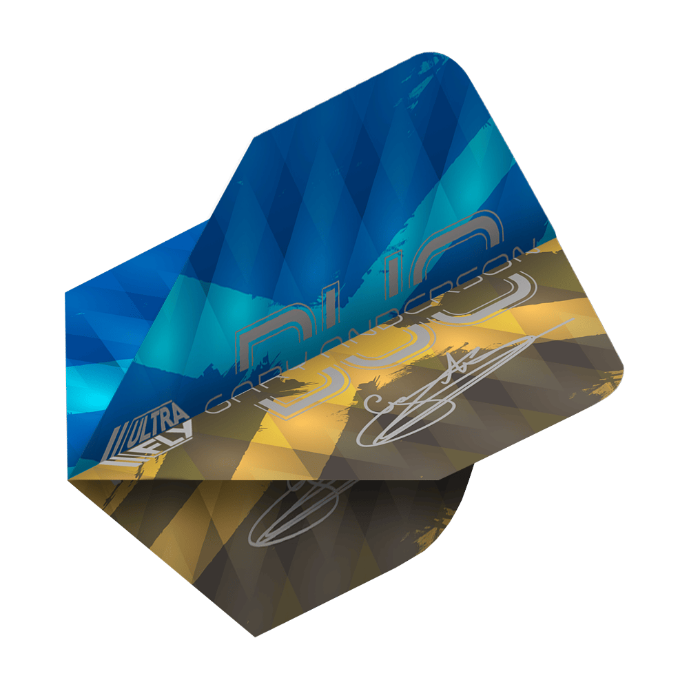 Letky Unicorn Ultrafly 100 Gary Anderson Duo Plus Das Bild zeigt ein Dartflight mit einem modernen Rautenmuster in Blau-, Gelb- und Brauntönen. Auf dem Flight stehen die Wörter "Gary Anderson Duo Plus" sowie eine Unterschrift.