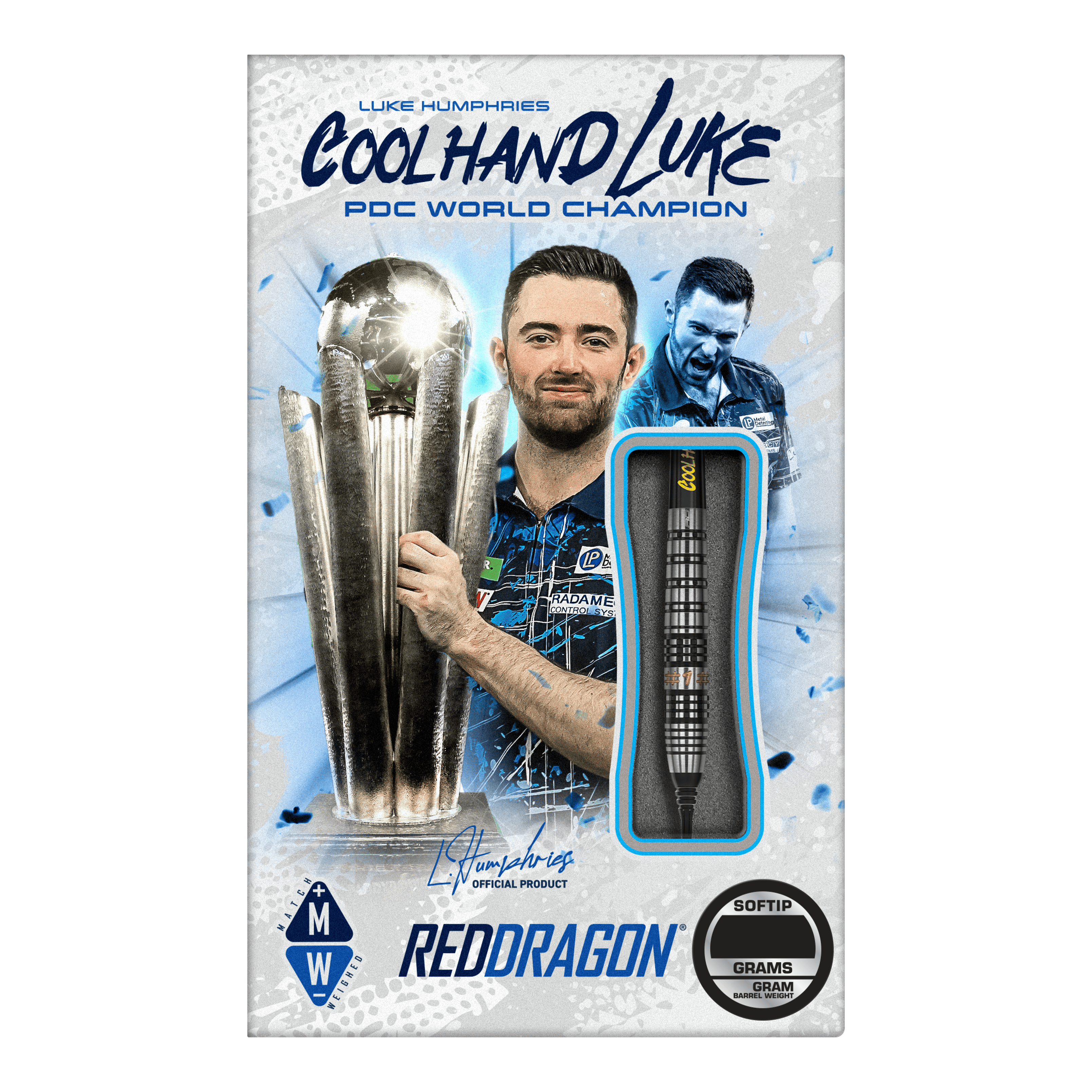 Red Dragon Luke Humphries Prestige Softdarts - 20g Das Bild zeigt die Verpackung der "Red Dragon Luke Humphries Prestige Softdarts - 20g". Auf der Verpackung ist ein Foto von Luke Humphries mit einem Pokal zu sehen, sowie ein einzelner Dartpfeil als Produktabbildung.
