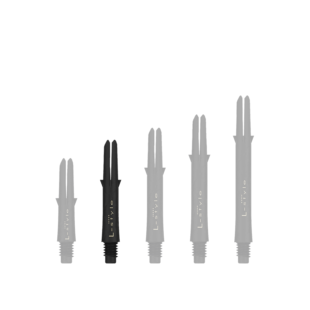 Wałki karbonowe w stylu L Auf dem Bild sind fünf schwarze L-Style Carbon Shafts für Darts in verschiedenen Längen zu sehen. Sie stehen nebeneinander, ohne Kappen, auf einem hellen Hintergrund.