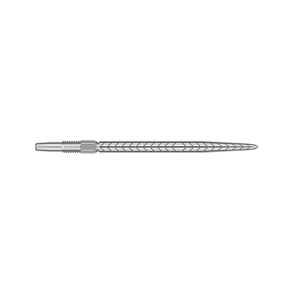 Target Swiss Point RVE Dartspitzen - Silber Dies ist eine silberne Dartspitze mit einem rautenförmigen Muster. Sie ist lang und schmal und misst 35 mm.