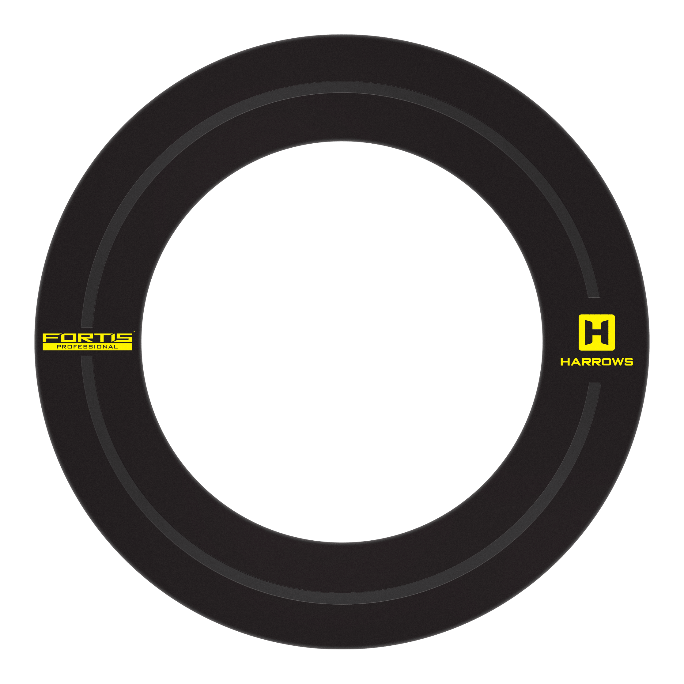Harrows Fortis Surround Harrows Fortis Surround wird gezeigt. Der Dart-Surround hat ein schlichtes, dunkles Design.