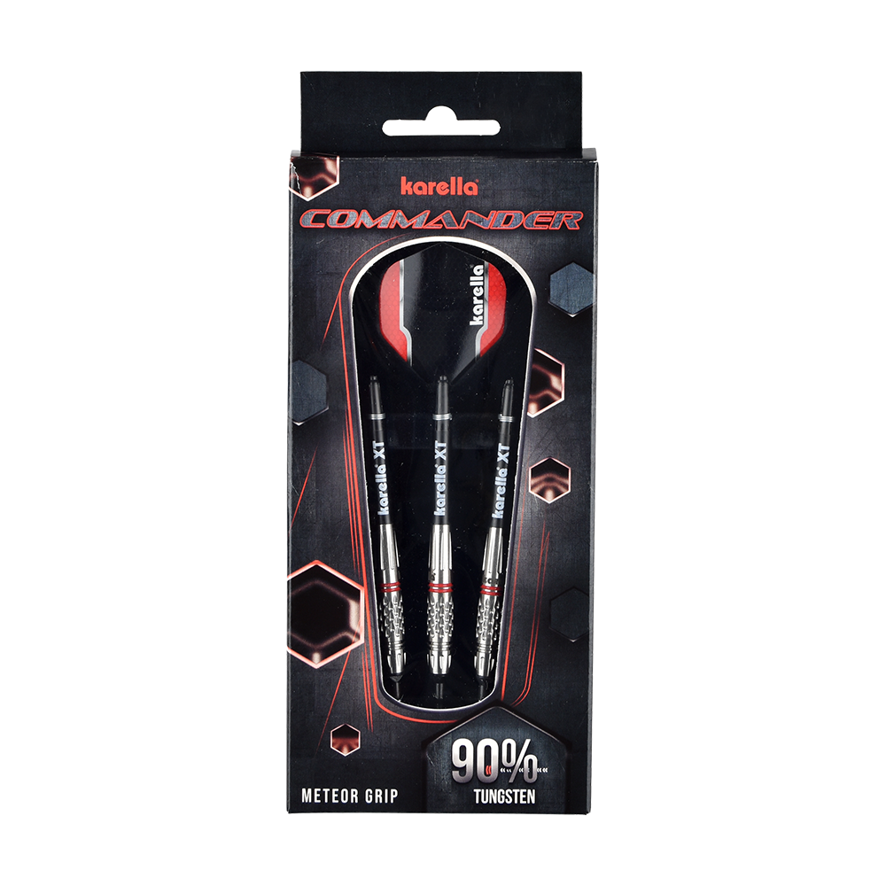 8307_Karella_Commander_Softdarts_3 Das Bild zeigt eine Packung mit Karella Commander Softdarts. Auf der Verpackung steht, dass die Darts zu 90% aus Tungsten bestehen und einen Meteor Grip haben.