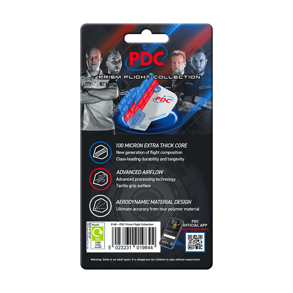 Kolekce Winmau PDC Prism Flight Das Bild zeigt die Verpackung der "Winmau PDC Prism Flight Collection" für Dartflights. Auf der Verpackung sind Produktmerkmale und Bilder von Dartspielern abgebildet.