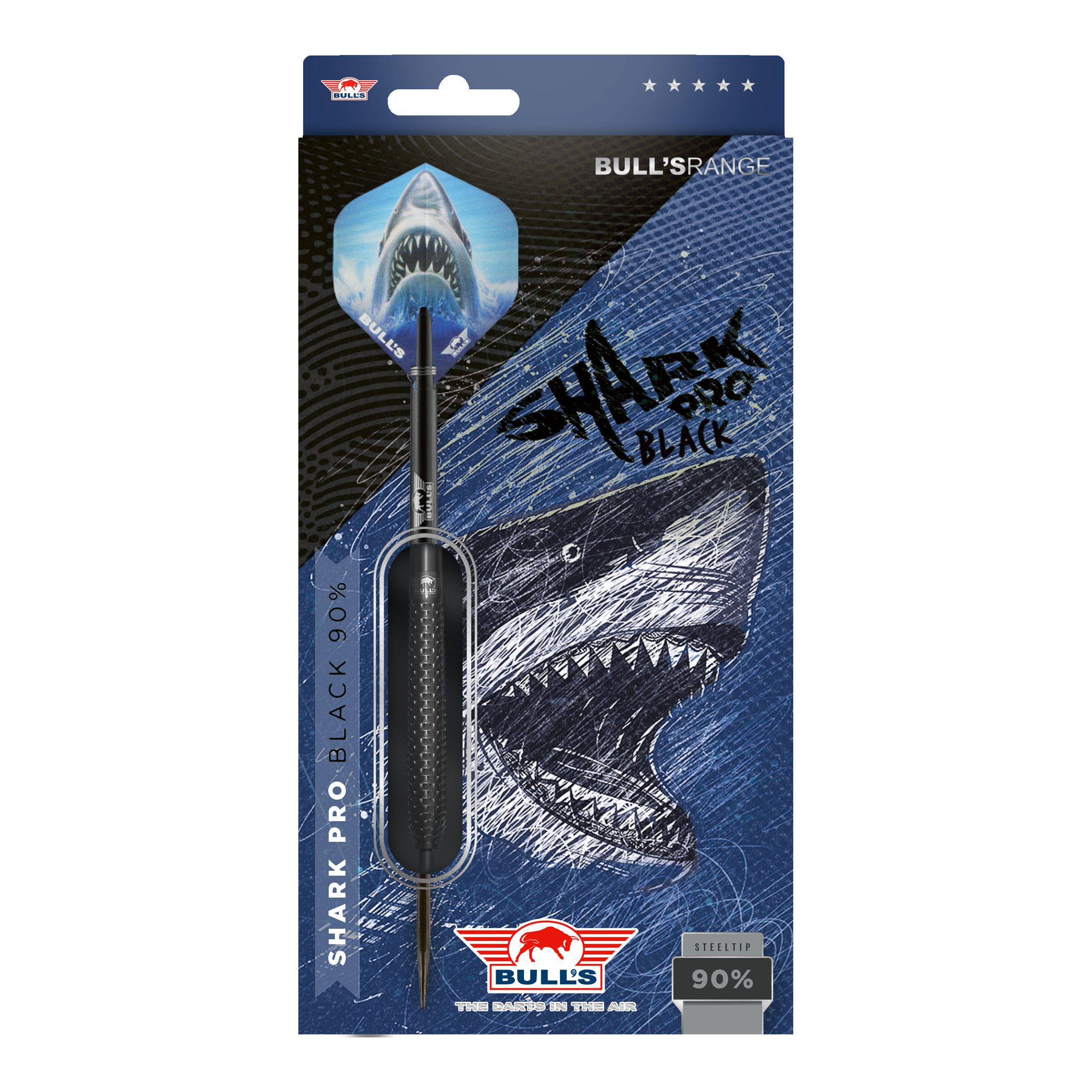 Bulls NL Shark Pro Black Steel Darts Die Abbildung zeigt die Verpackung der "Bulls NL Shark Pro Black Steeldarts". Auf der Verpackung ist ein aggressiv aussehender Hai sowie der Dartpfeil selbst zu sehen.
